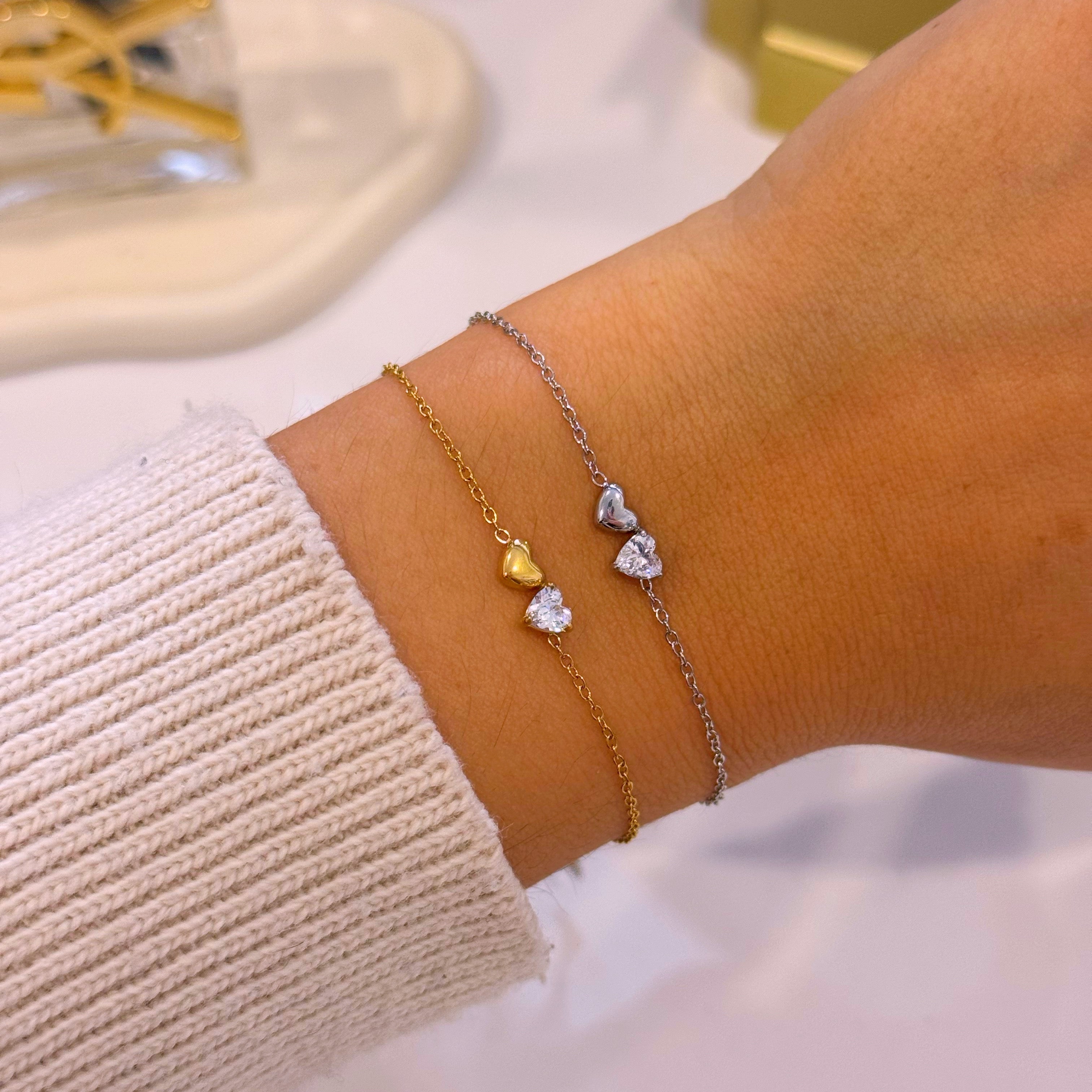 Pulseira duplo coração com brilhante | 2 Cores