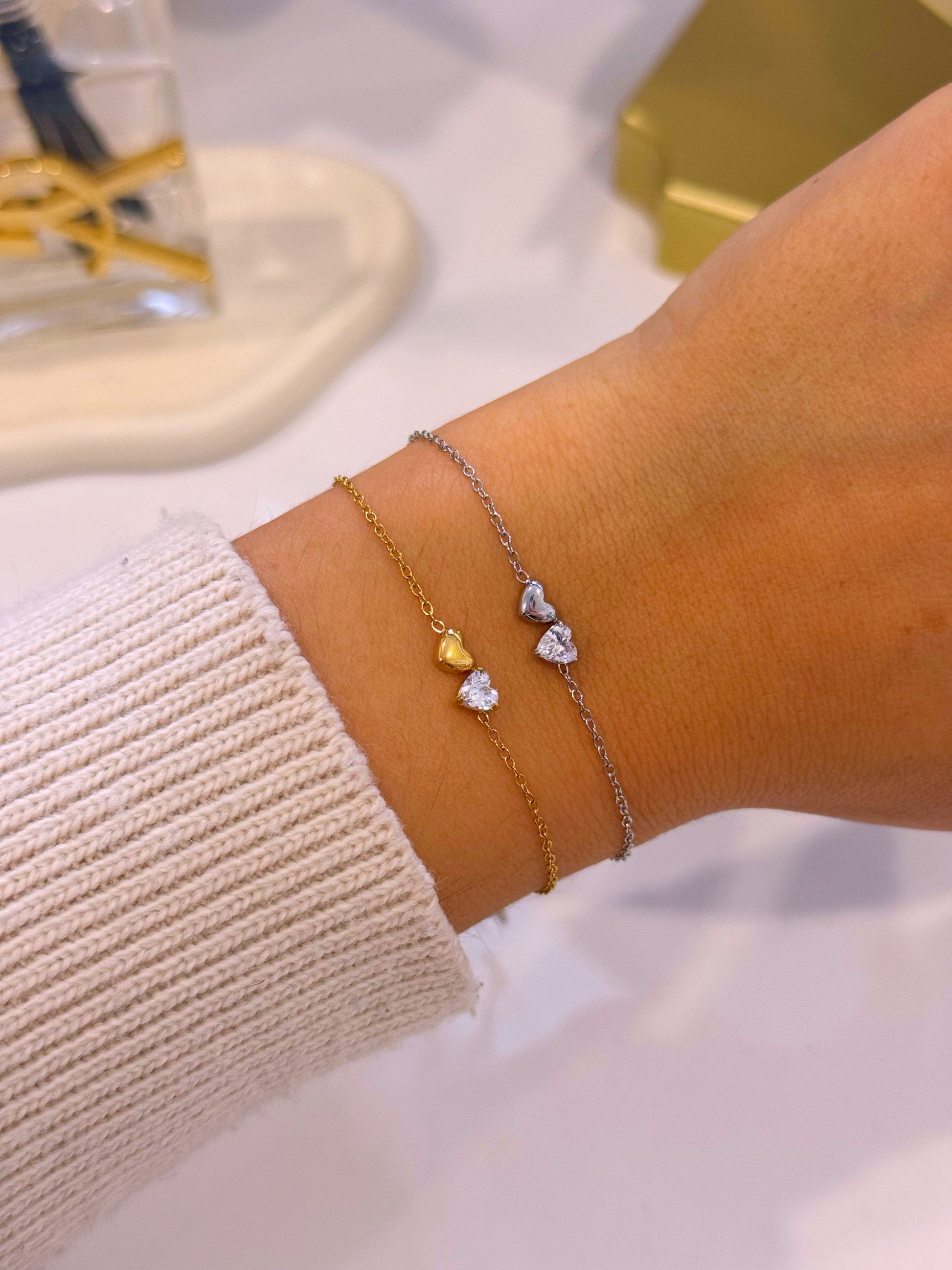 Pulseira duplo coração com brilhante | 2 Cores