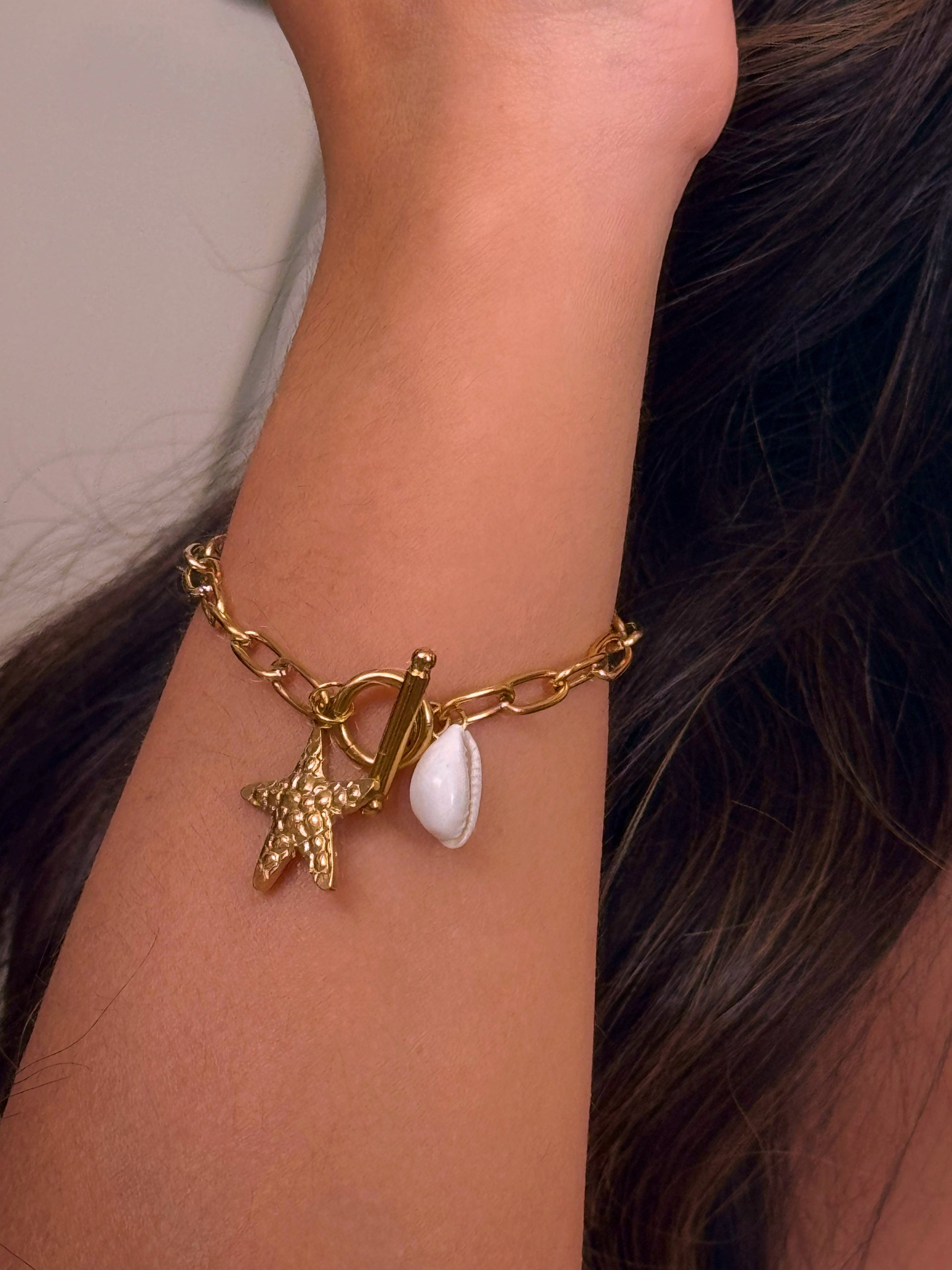𝐄𝐝𝐢𝐜̧𝐚̃𝐨 𝐋𝐢𝐦𝐢𝐭𝐚𝐝𝐚 𝐕𝐞𝐫𝐚̃𝐨 🐚 Pulseira corrente com concha e estrela do mar | Dourado