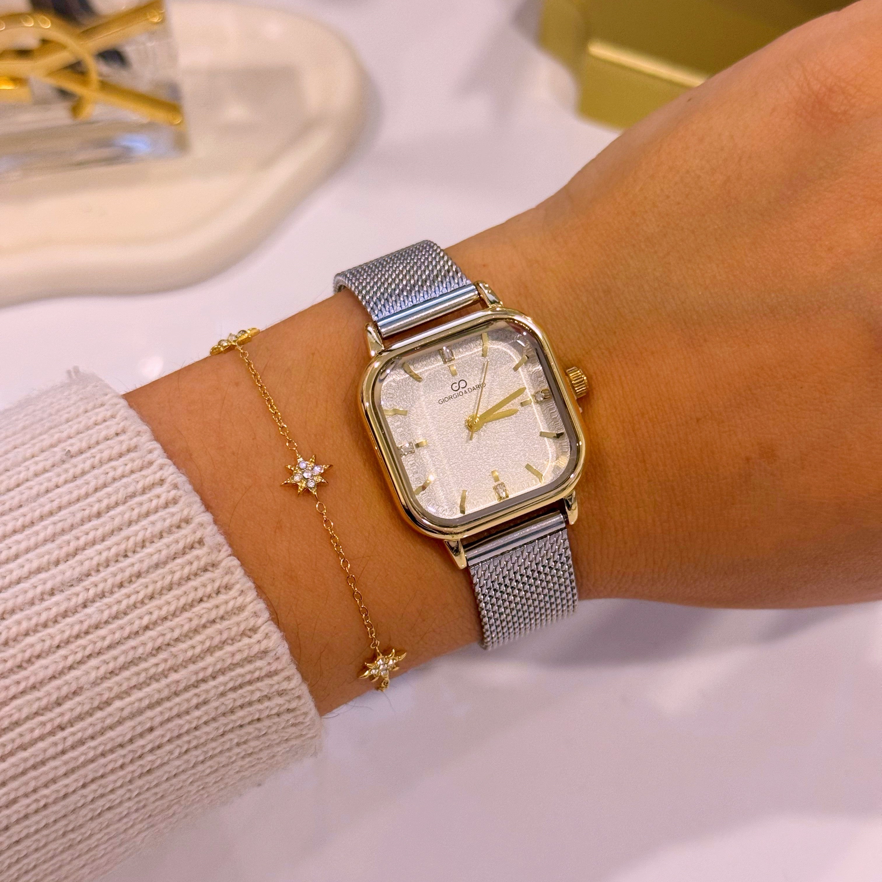 Relógio analógico mostrador quadrado com textura | Mix prateado e dourado