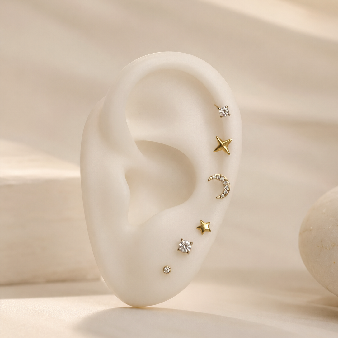 Conjunto de 6 piercings ~ lua estrelinha e brilhantes | Dourado • aço inoxidável