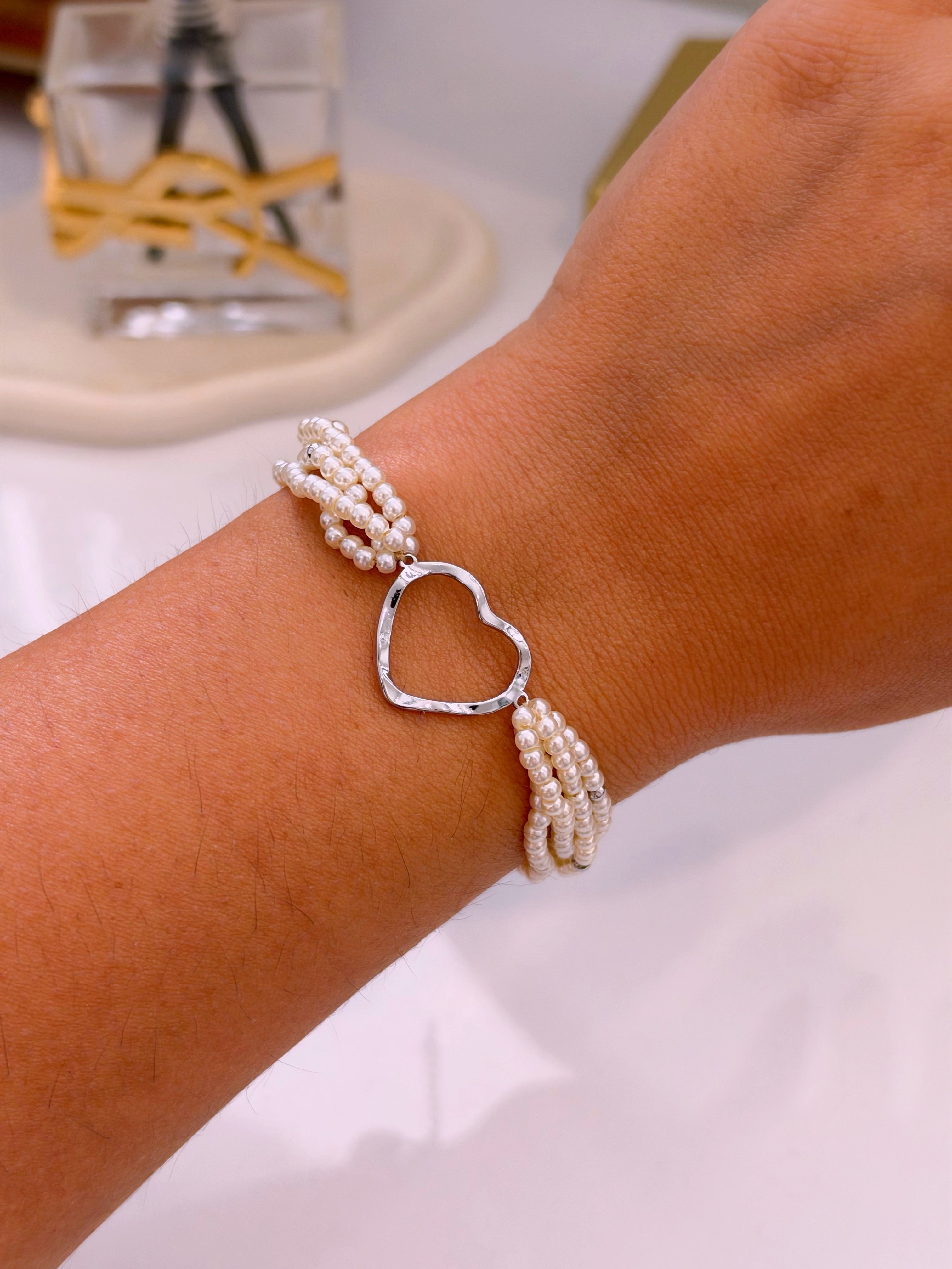 Pulseira de pérolas com coração | Prateado