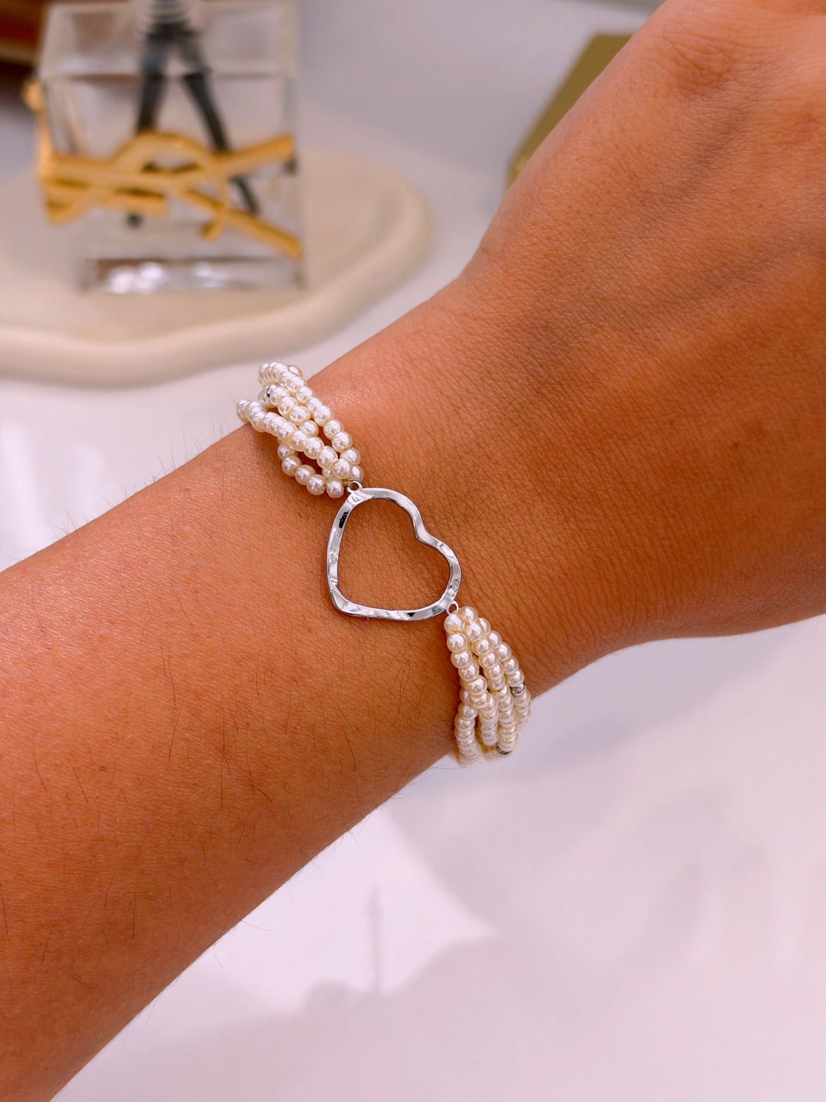 Pulseira de pérolas com coração | Prateado