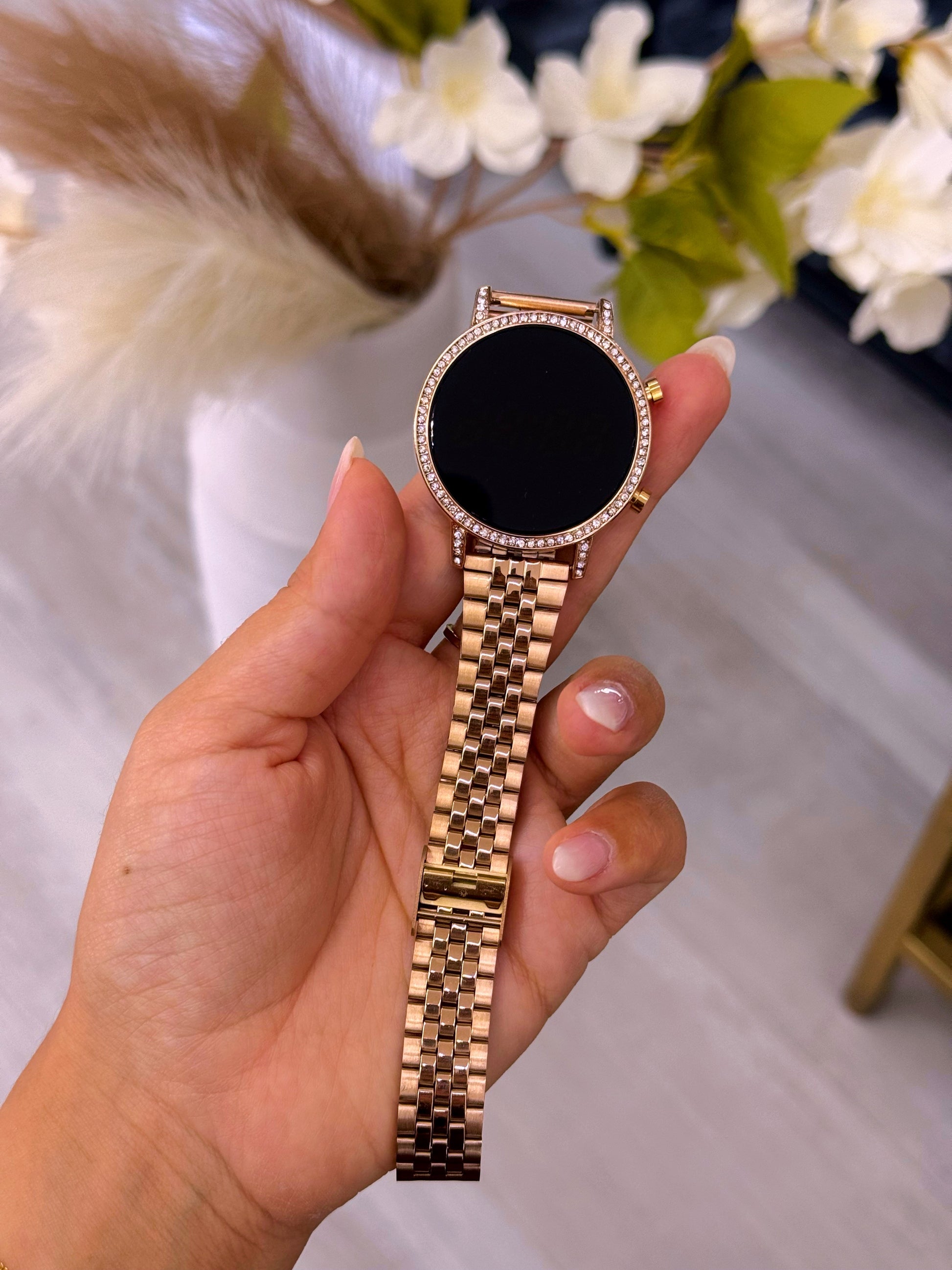 Relógio digital redondo com brilhantes | rose gold