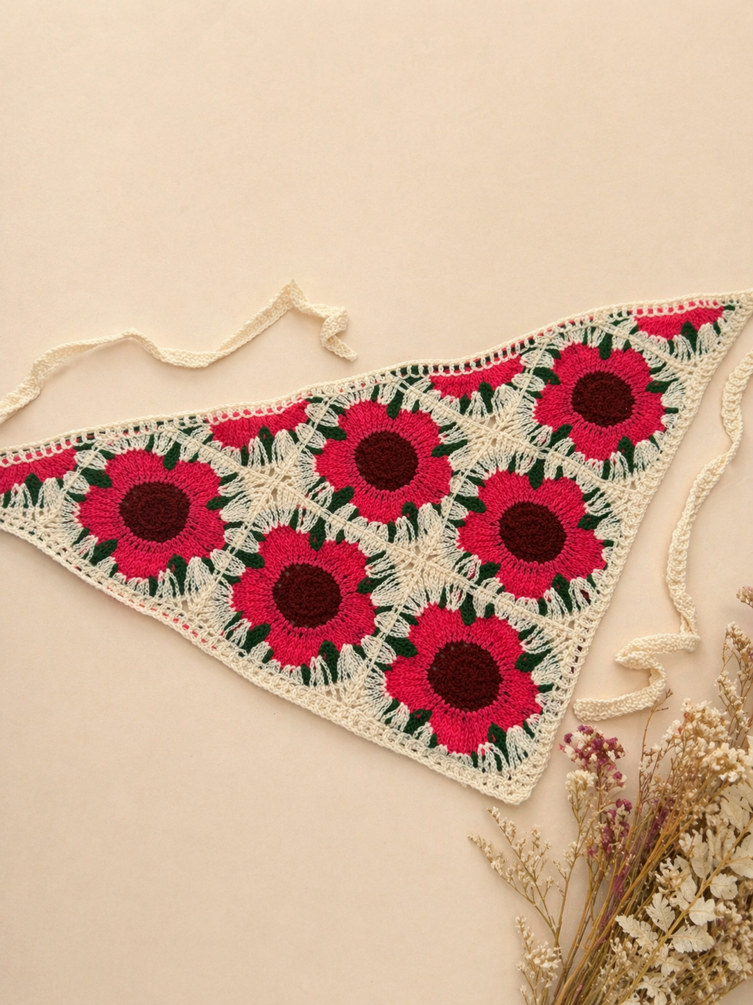 Bandana multifuncional em croché | Bege com Flores Rosa e Bordô