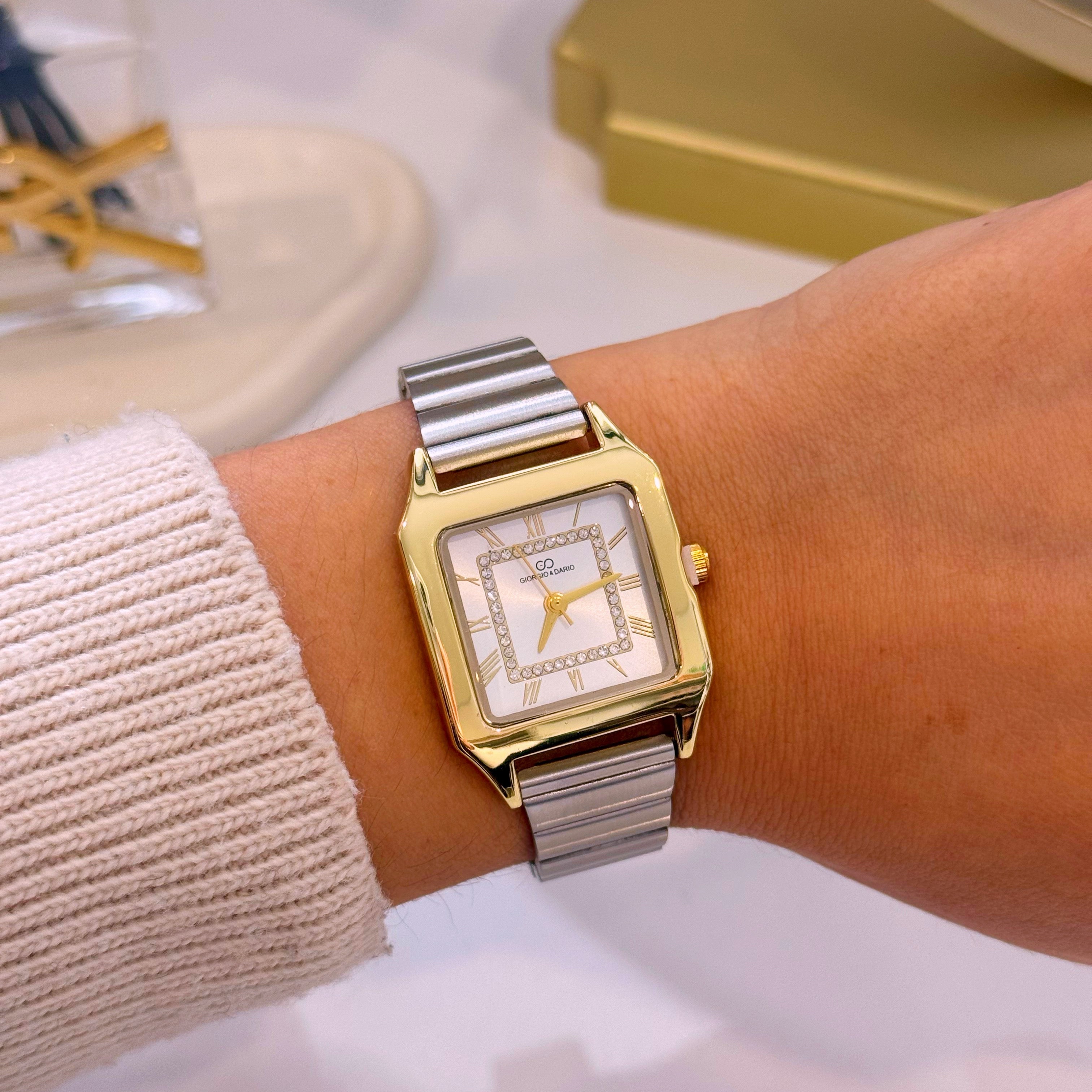 Relógio analógico quadrado | Mix Prateado Dourado com brilhantes