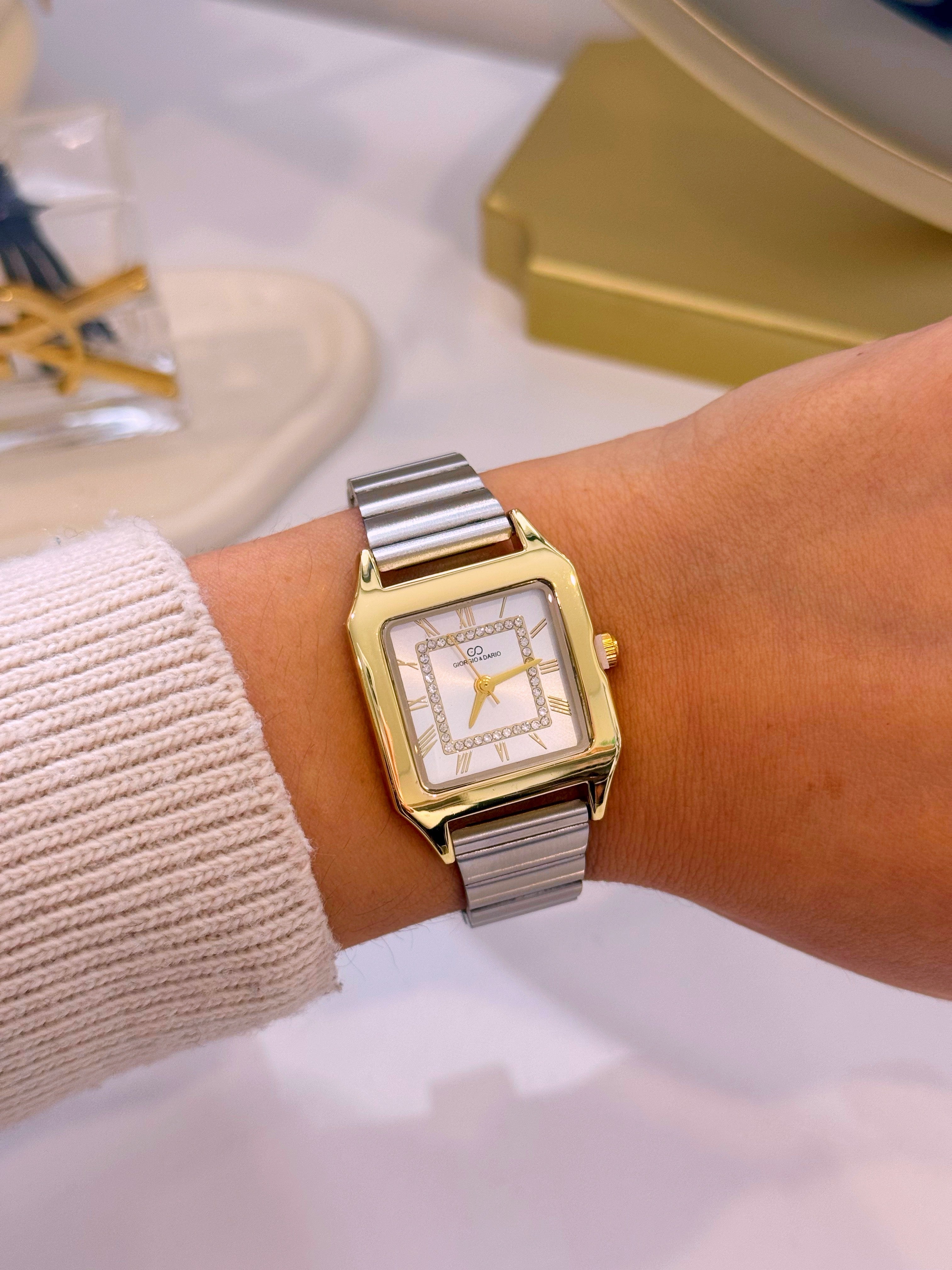 Relógio analógico quadrado | Mix Prateado Dourado com brilhantes