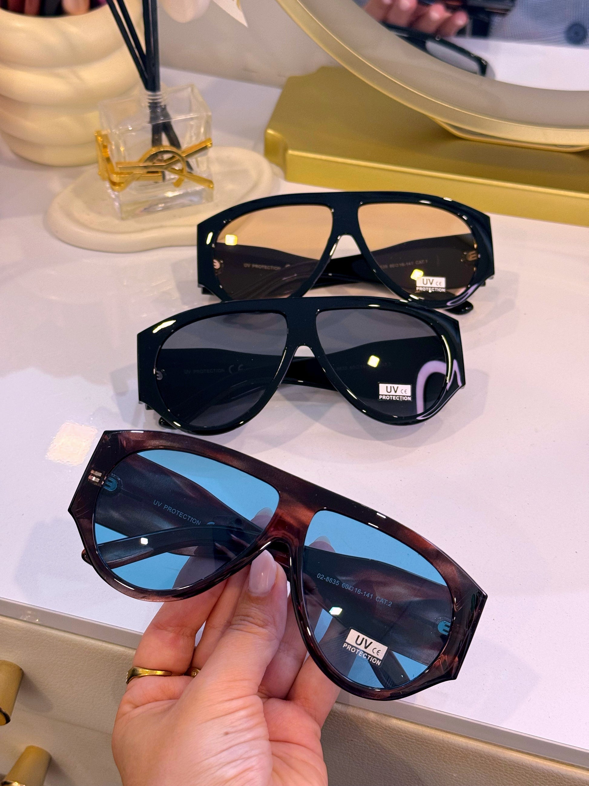 Óculos de sol oversized com armação em massa | Padrão castanho com lente azul
