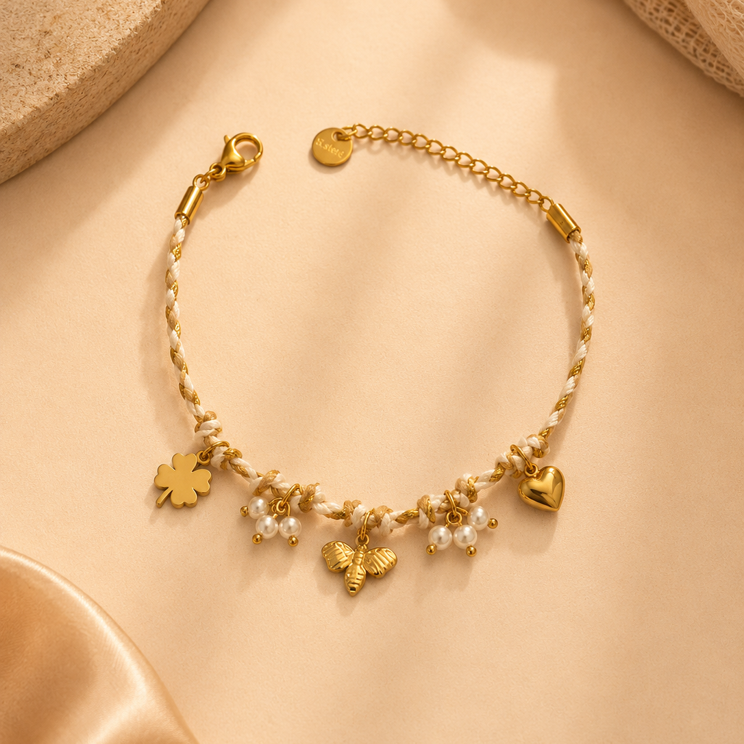 Pulseira cordão bege com pendentes e pérolas | Dourado