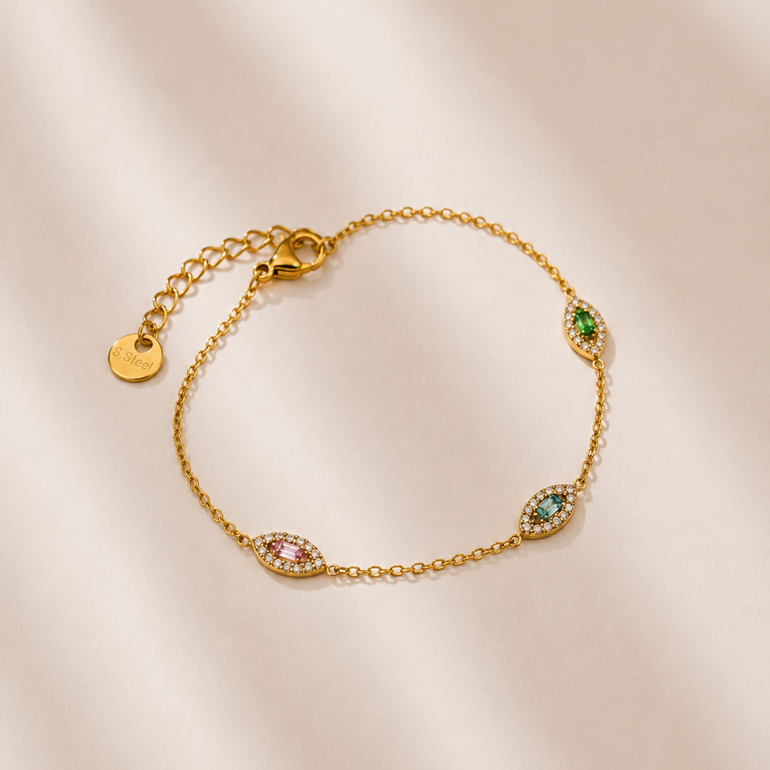 Pulseira olho grego com 3 brilhantes coloridos | Dourada