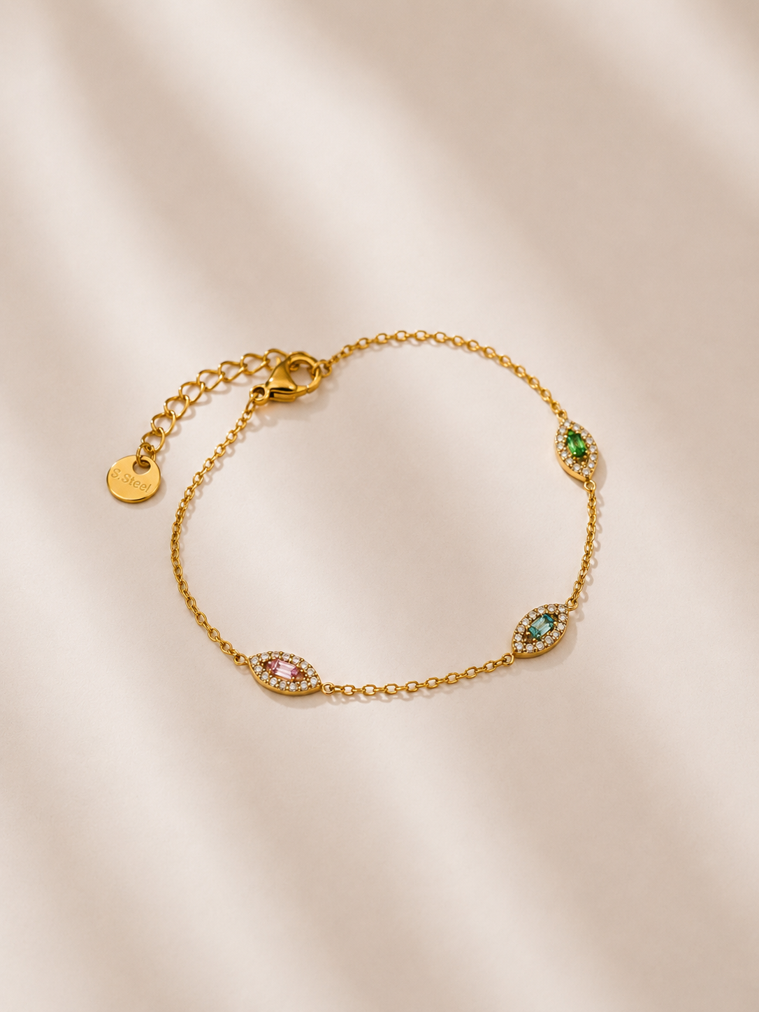 Pulseira olho grego com 3 brilhantes coloridos | Dourada