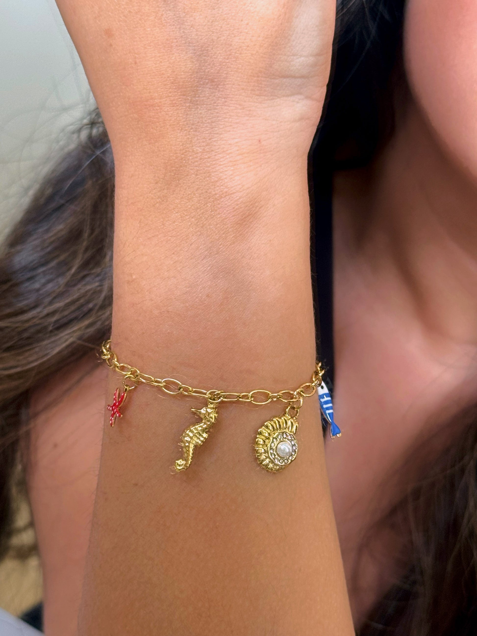 𝐄𝐝𝐢𝐜̧𝐚̃𝐨 𝐋𝐢𝐦𝐢𝐭𝐚𝐝𝐚 𝐕𝐞𝐫𝐚̃𝐨 🐚 Pulseira corrente com concha e pérola e vários pendentes | Dourado