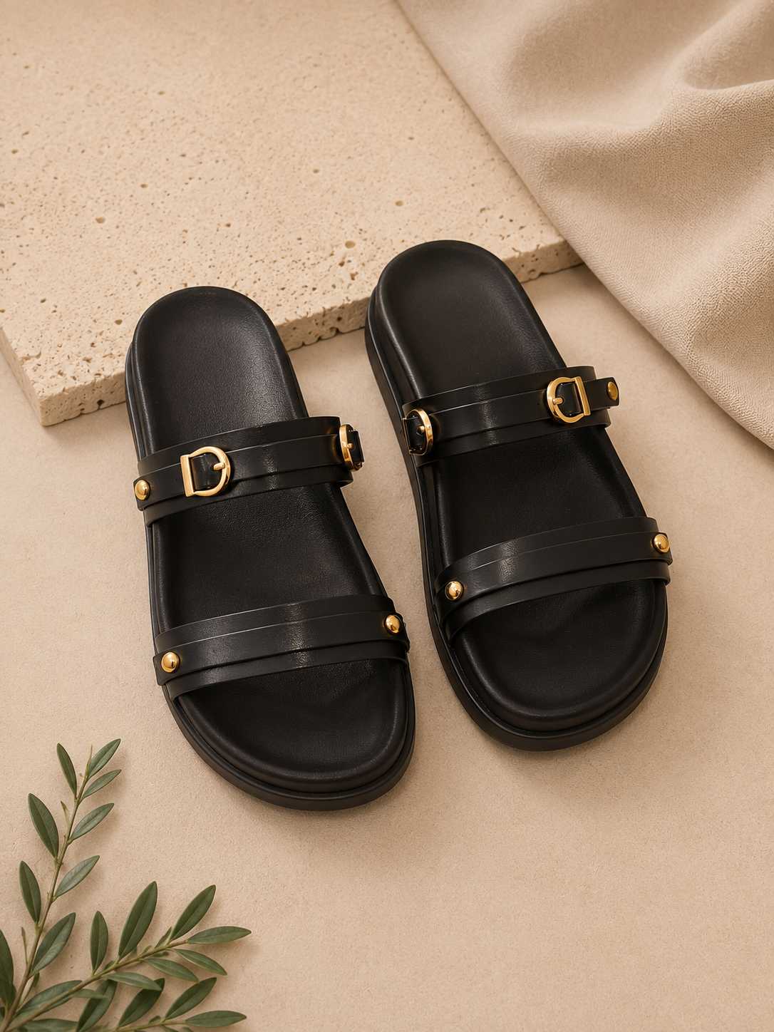 Chinelo com duas fivelas e pormenores dourados | Preto