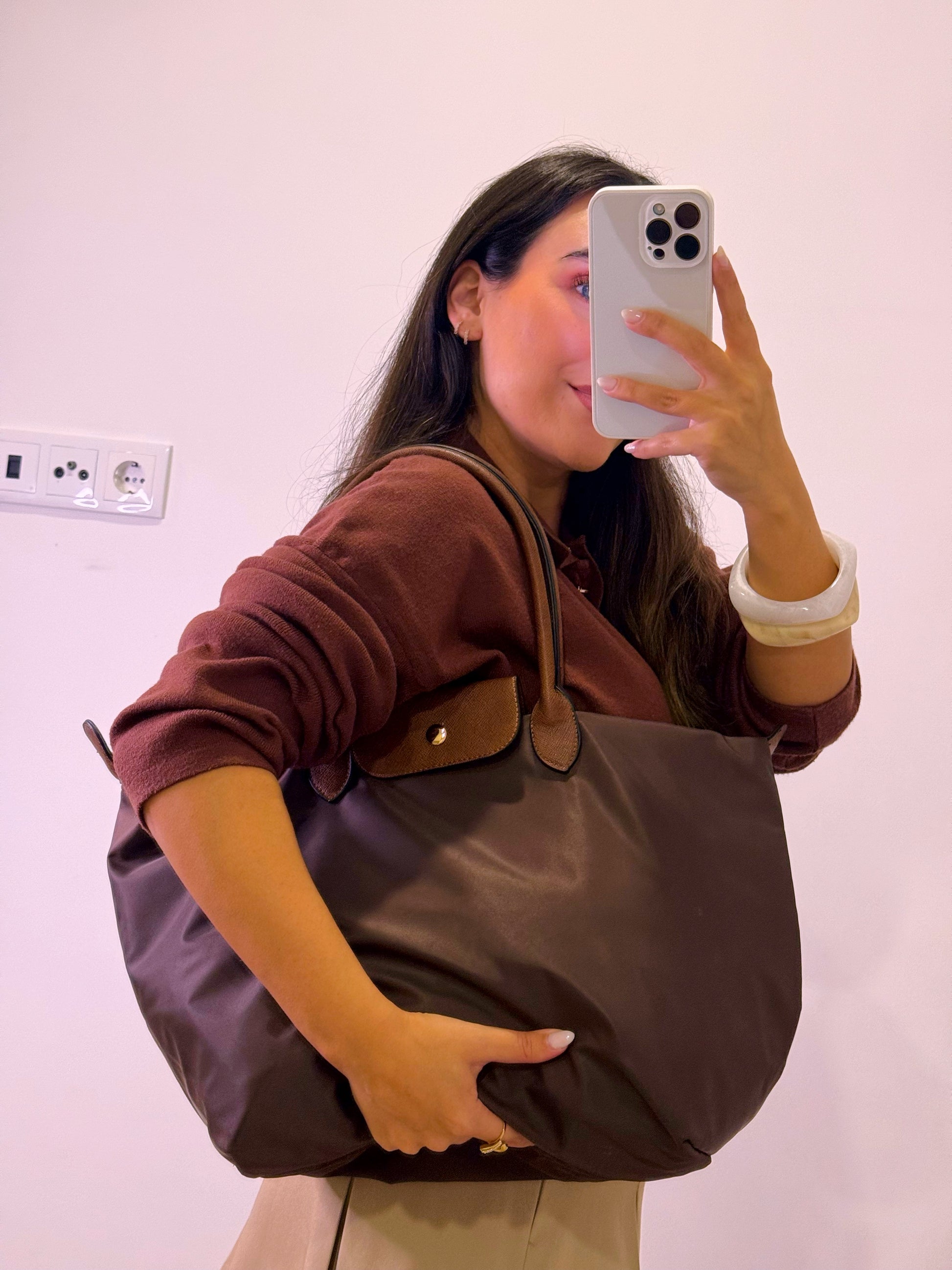 Mala de ombro grande em tecido • Shopper / Tote Bag • tamanho L  | Castanho