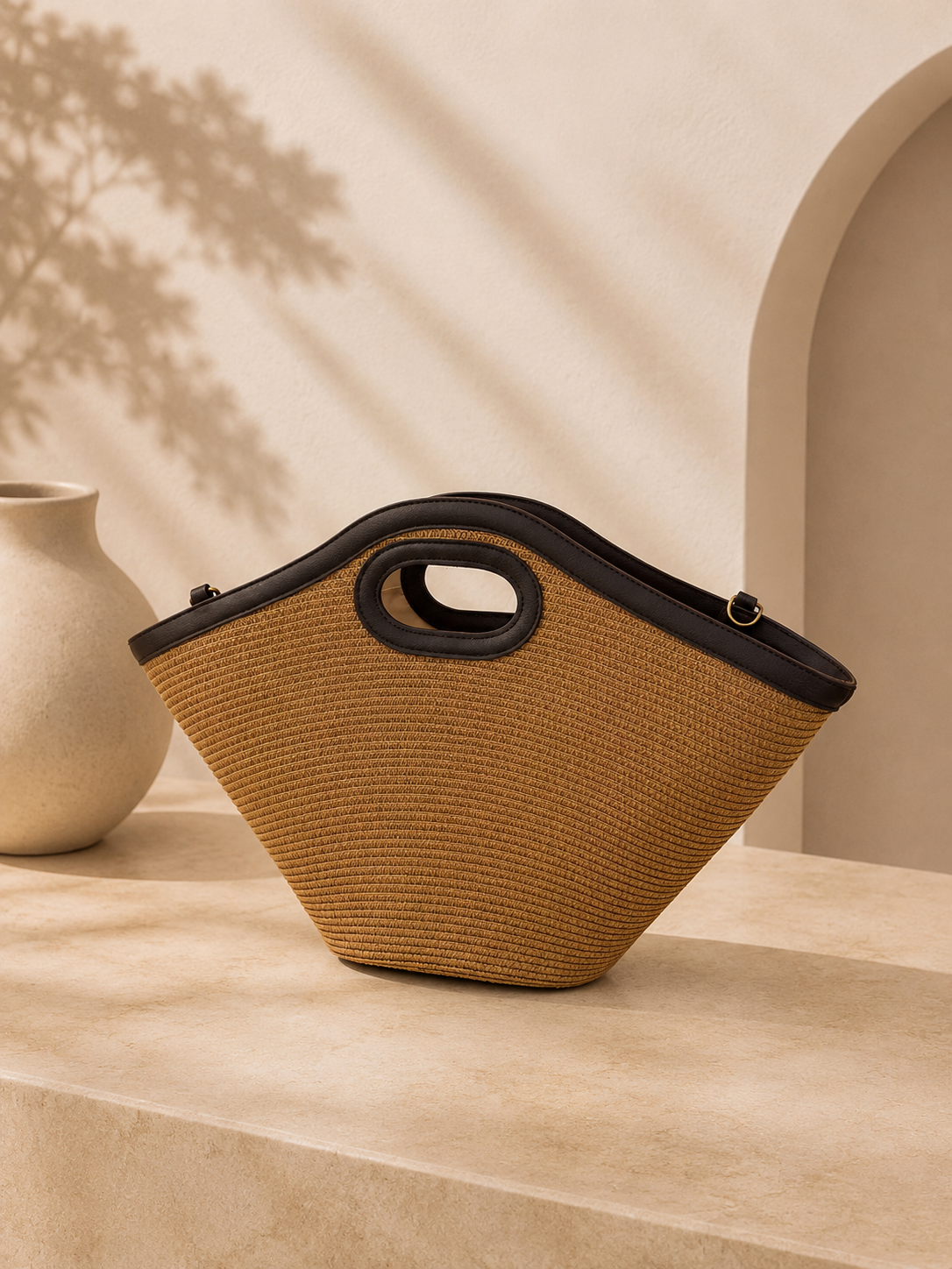 Cesta de palha minimalista e elegante | Castanho