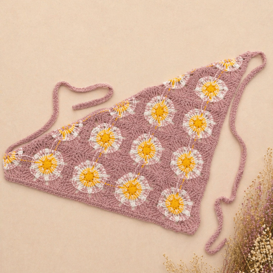 Bandana multifuncional em croché | Rosa com Flores