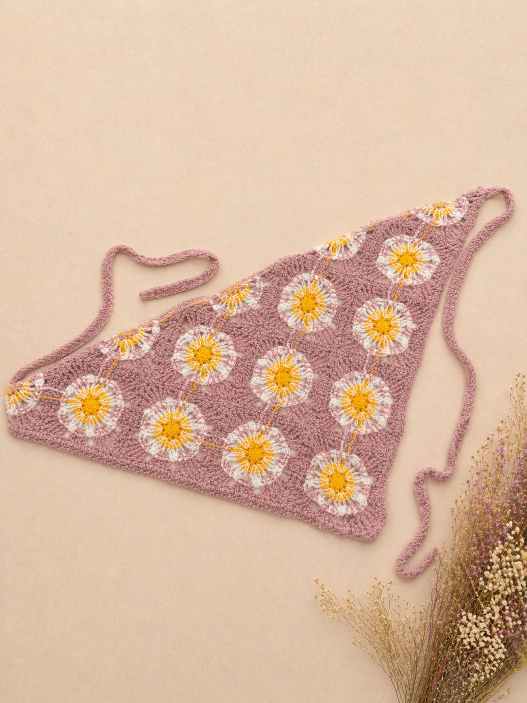 Bandana multifuncional em croché | Rosa com Flores