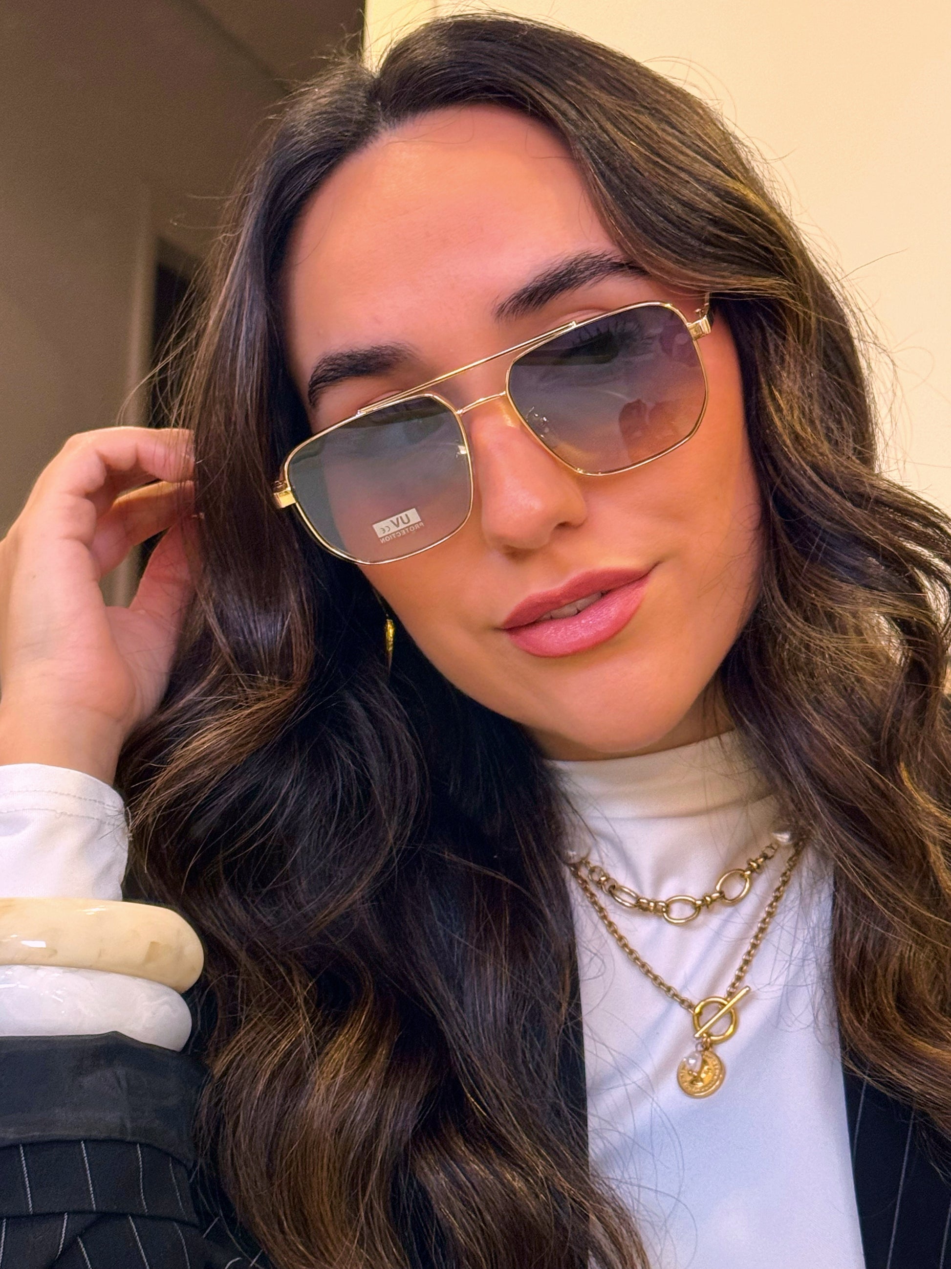 Óculos armação de metal | Dourado com lente azul