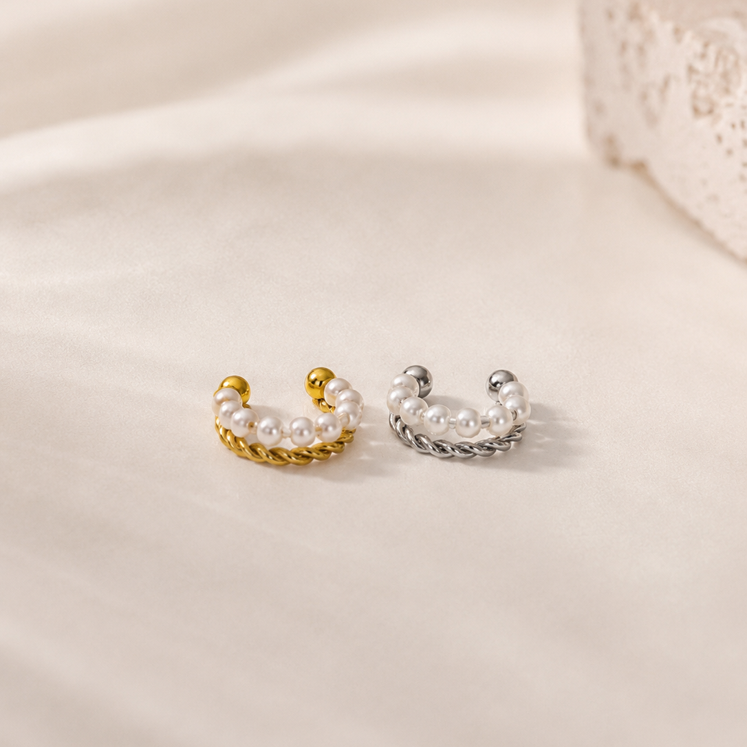 Earcuff ajustável • efeito duplo, torcido e pérolas | 2 Cores