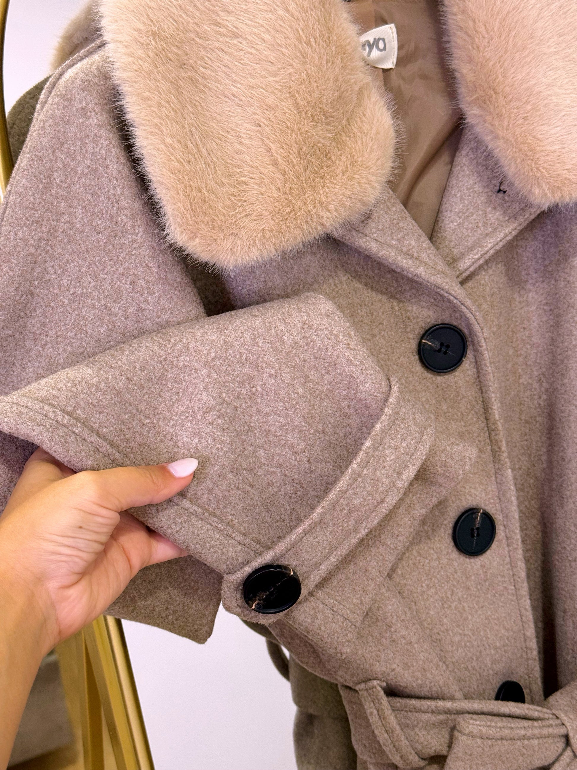 Sobretudo comprido estilo fazenda com gola de pêlo removível | Bege