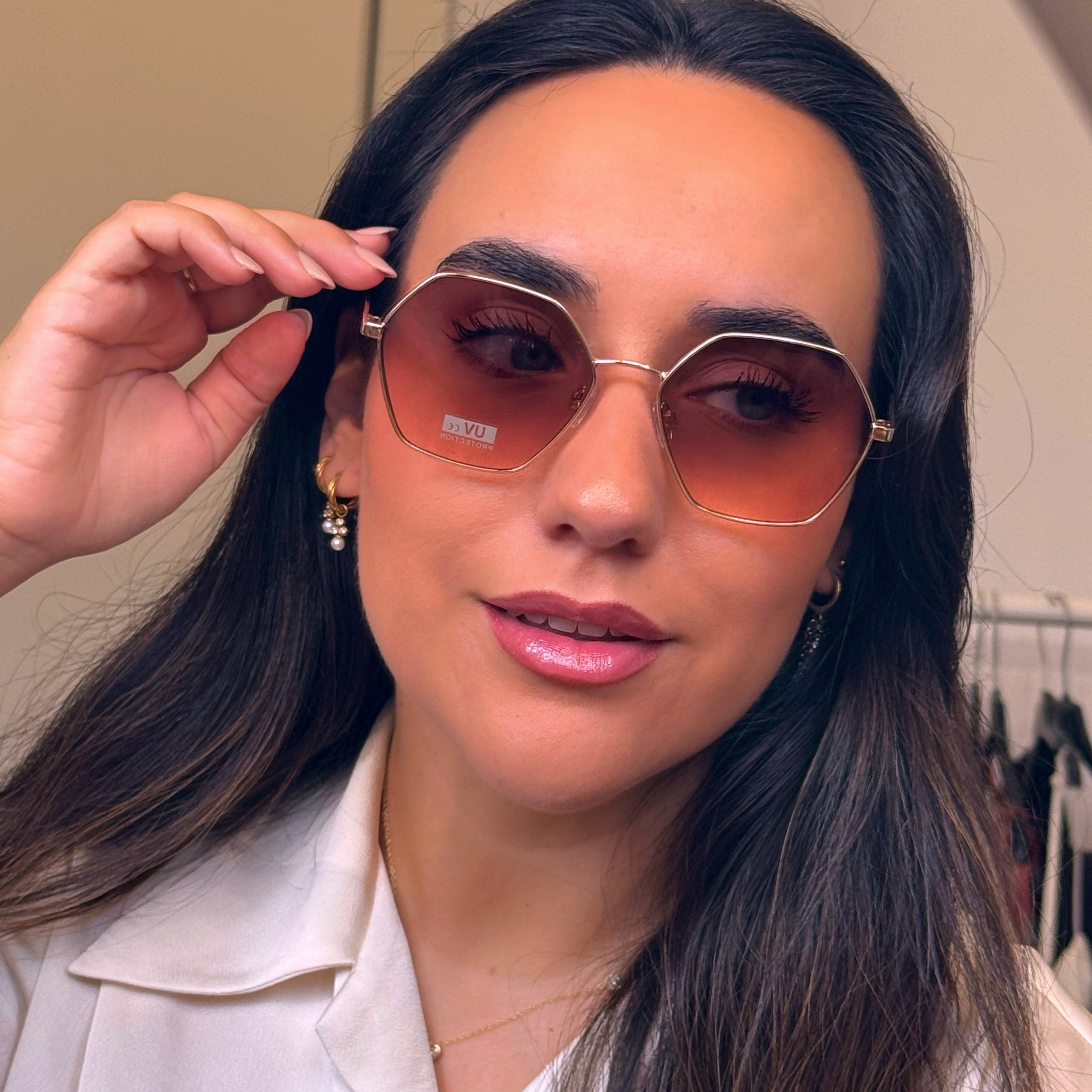 Óculos de metal hexagonais | Dourado com lente Rosa acastanhada
