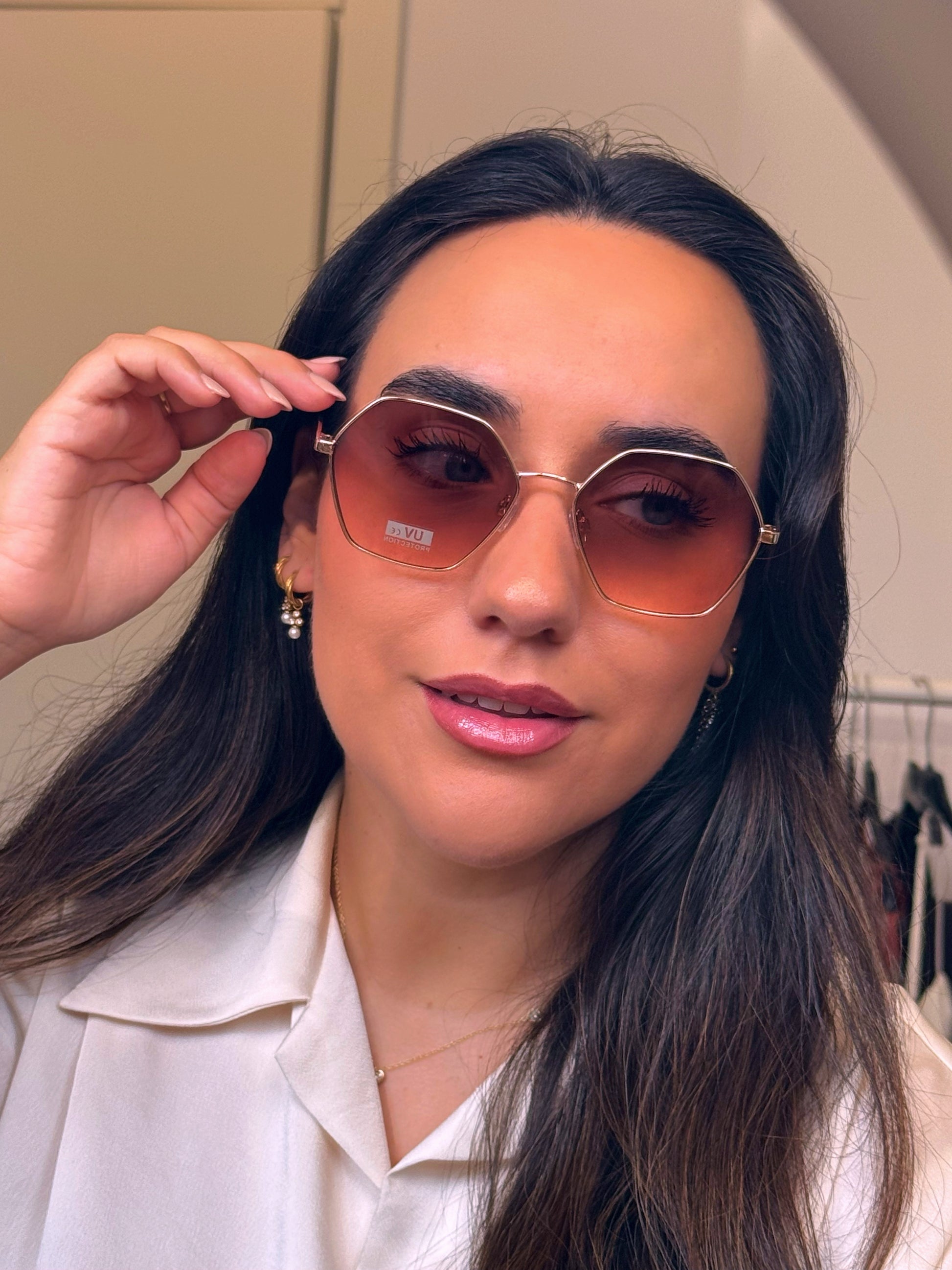 Óculos de metal hexagonais | Dourado com lente Rosa acastanhada