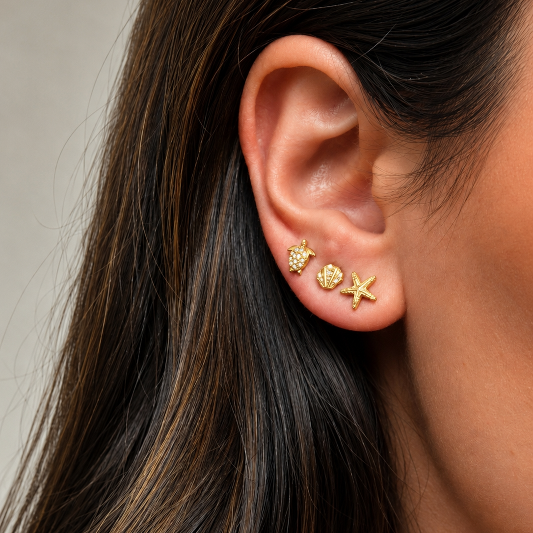 Conjunto de 6 brincos conchinha , estrelinha e tartaruga | Dourado em aço inoxidável