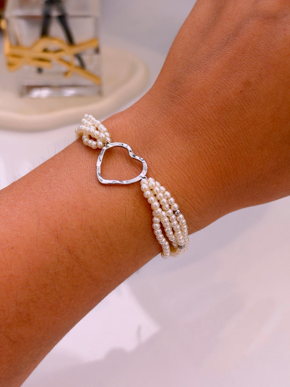 Pulseira de pérolas com coração | Prateado