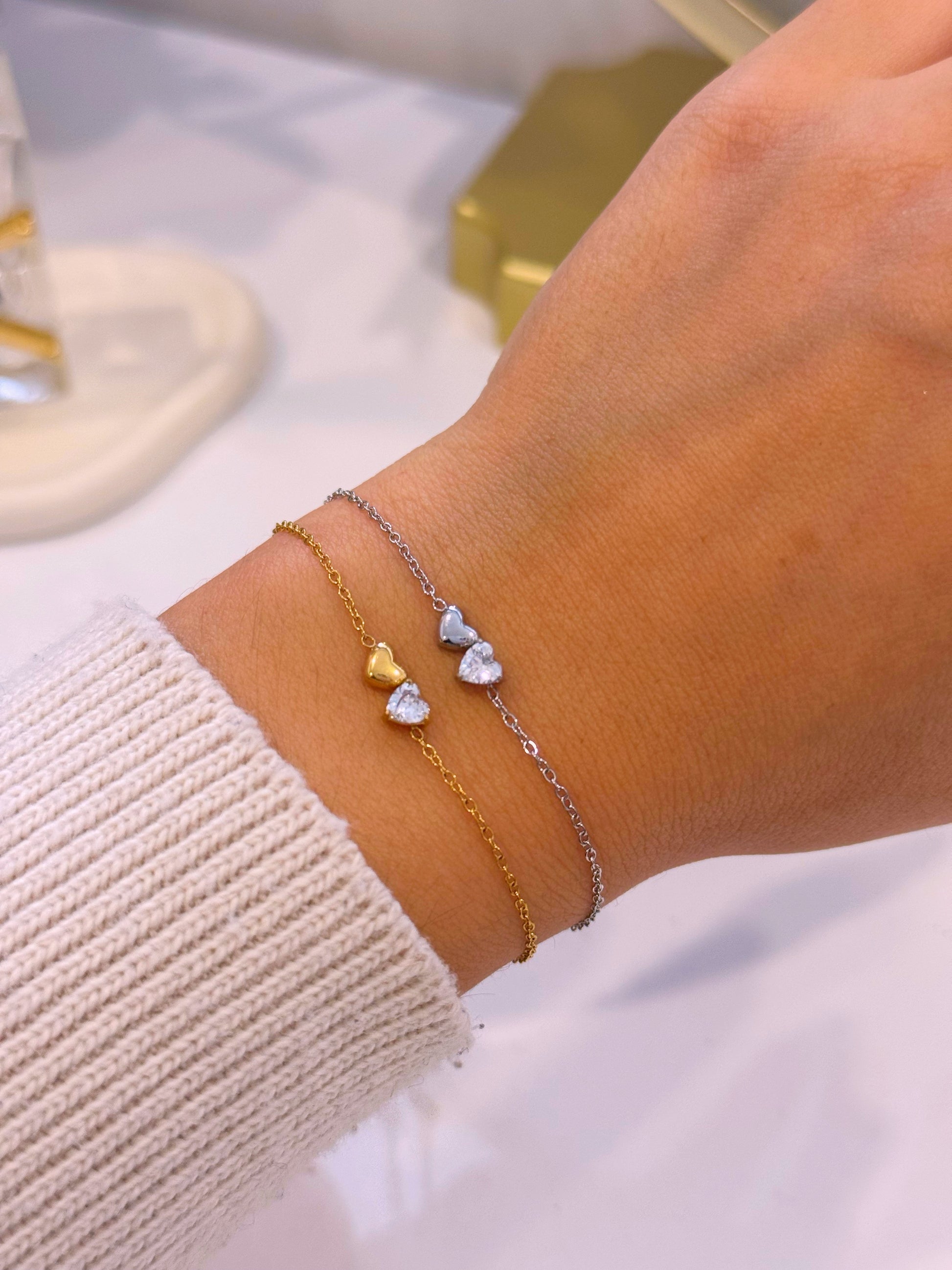 Pulseira duplo coração com brilhante | 2 Cores