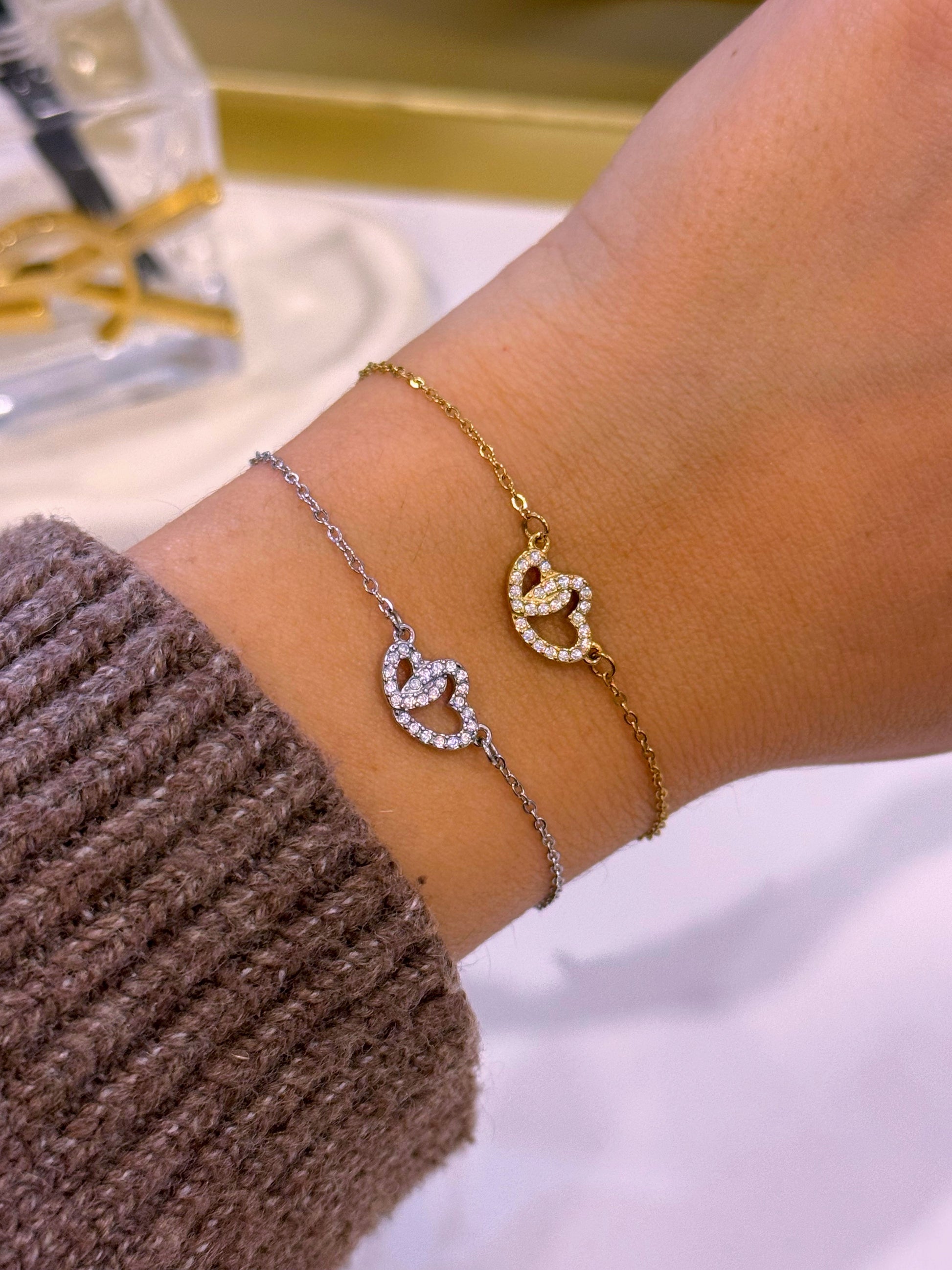 Pulseira duplo coração com brilhantes | 2 Cores