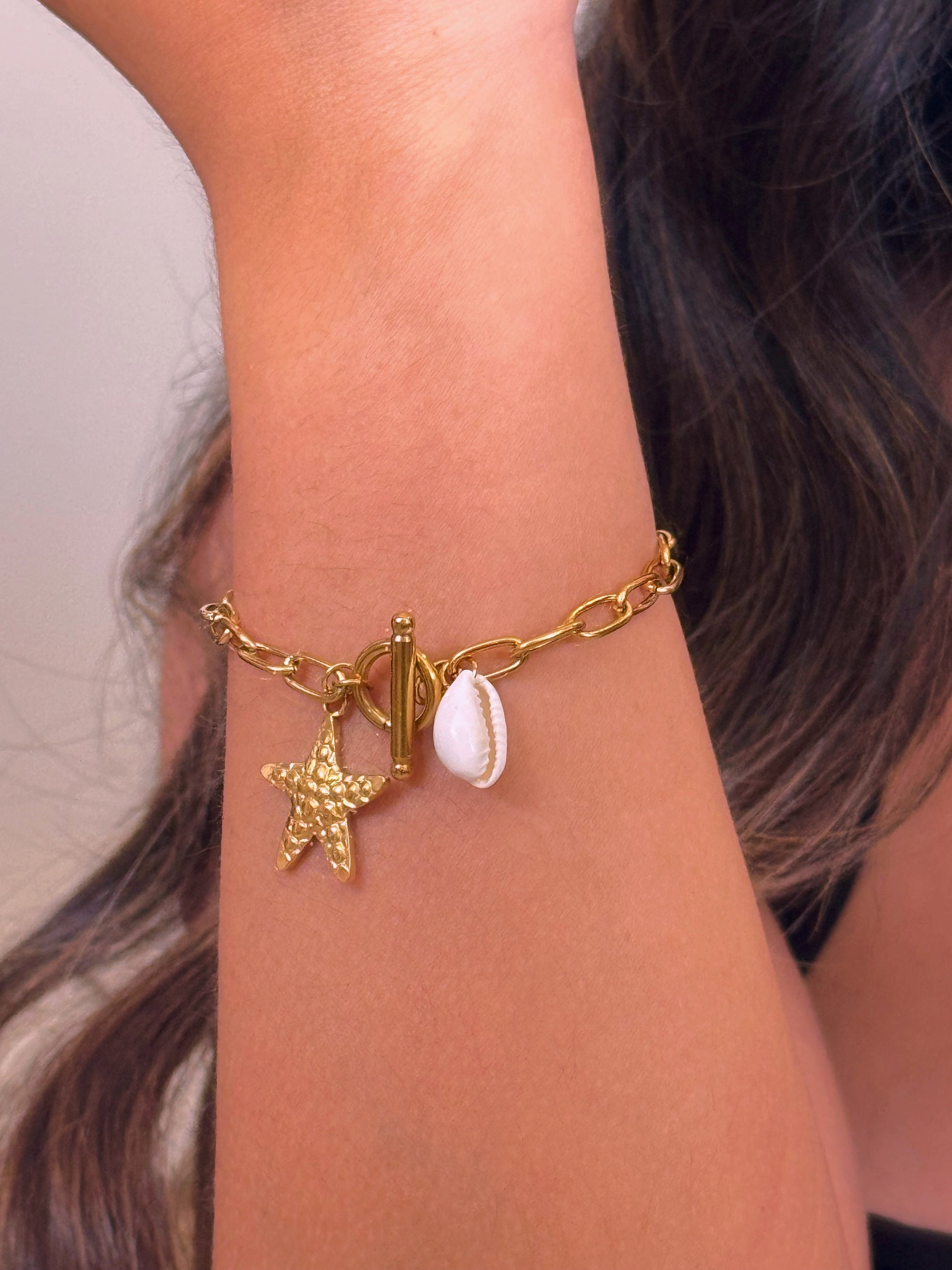 𝐄𝐝𝐢𝐜̧𝐚̃𝐨 𝐋𝐢𝐦𝐢𝐭𝐚𝐝𝐚 𝐕𝐞𝐫𝐚̃𝐨 🐚 Pulseira corrente com concha e estrela do mar | Dourado