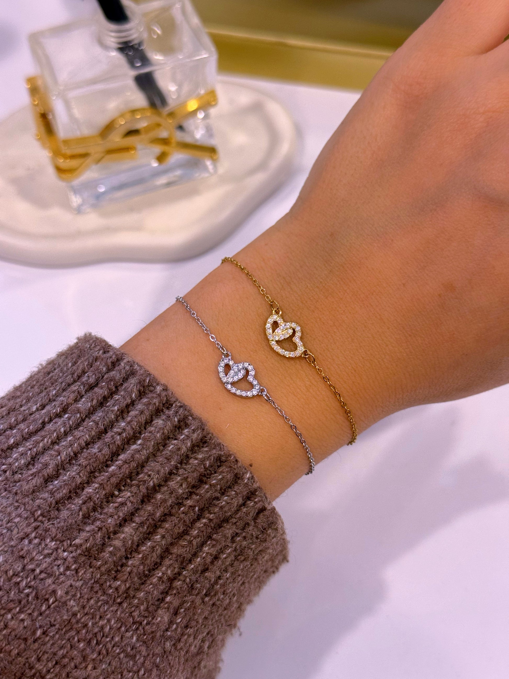 Pulseira duplo coração com brilhantes | 2 Cores