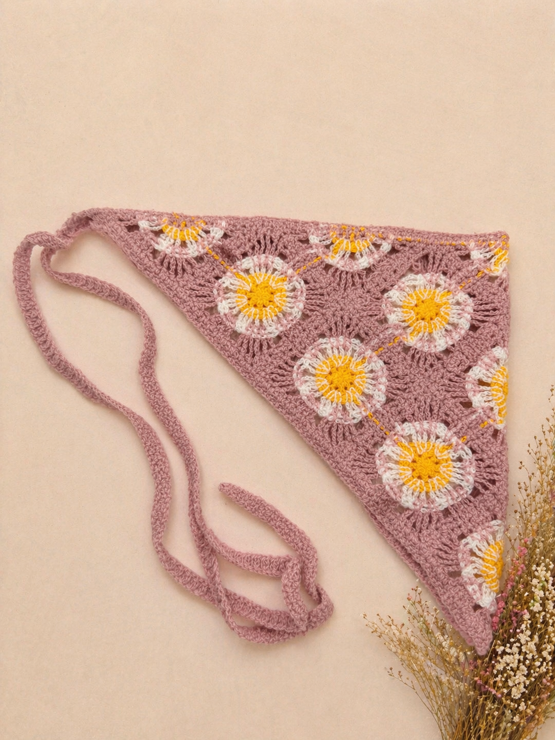 Bandana multifuncional em croché | Rosa com Flores