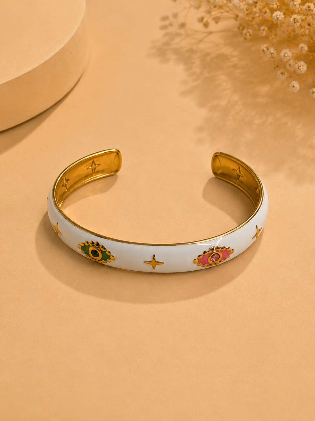 Pulseira Rígida – Escrava Com Esmalte, Estrelinhas e Olho Grego | Dourado