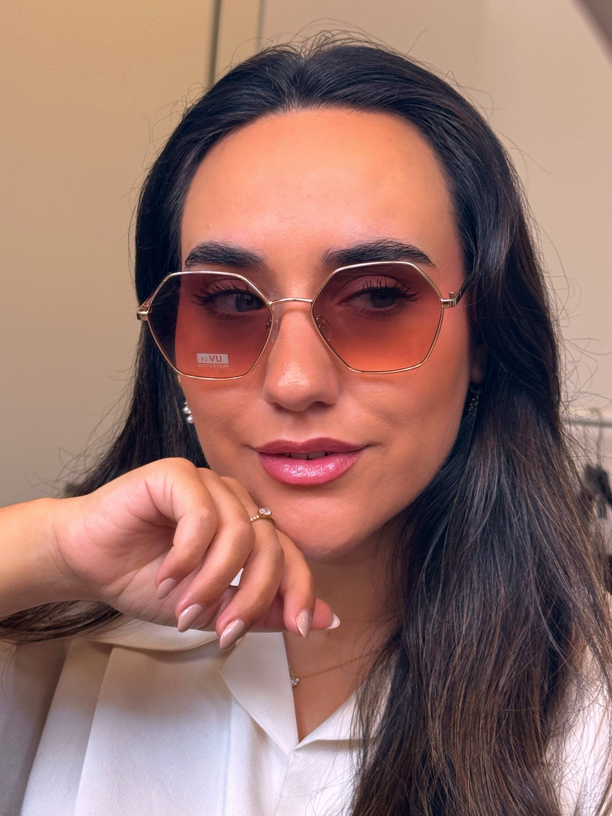 Óculos de metal hexagonais | Dourado com lente Rosa acastanhada
