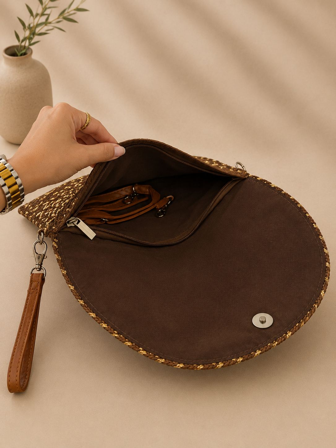 Mala de palha e brilhantes | Castanho e Dourado