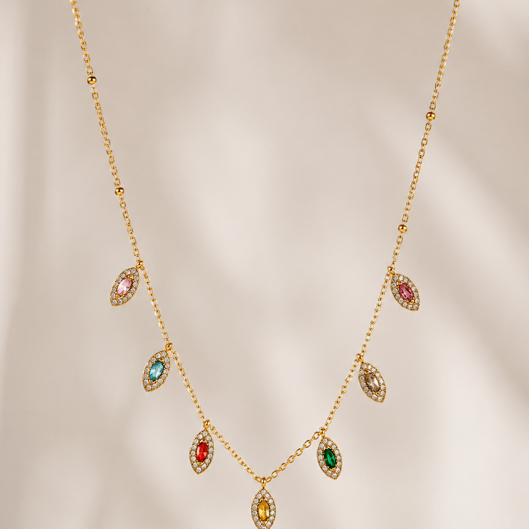 Colar olho grego com 7 brilhantes coloridos | Dourado