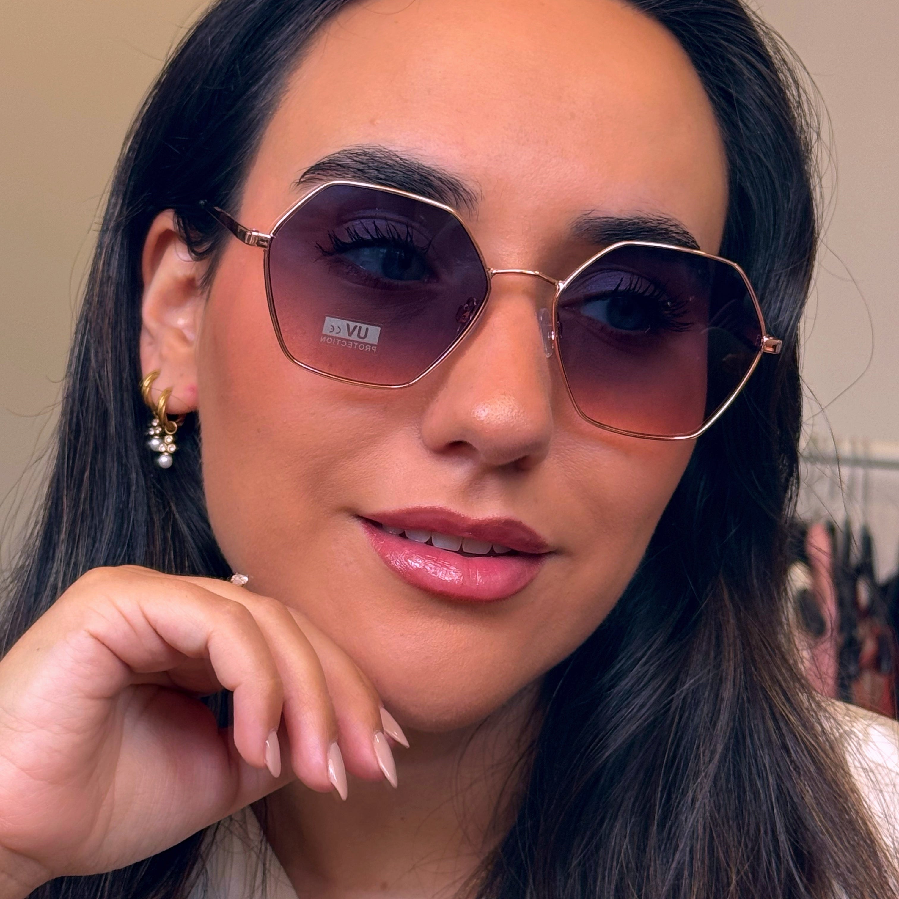 Óculos de metal hexagonais | Rose Gold com lente Azul/Rosada