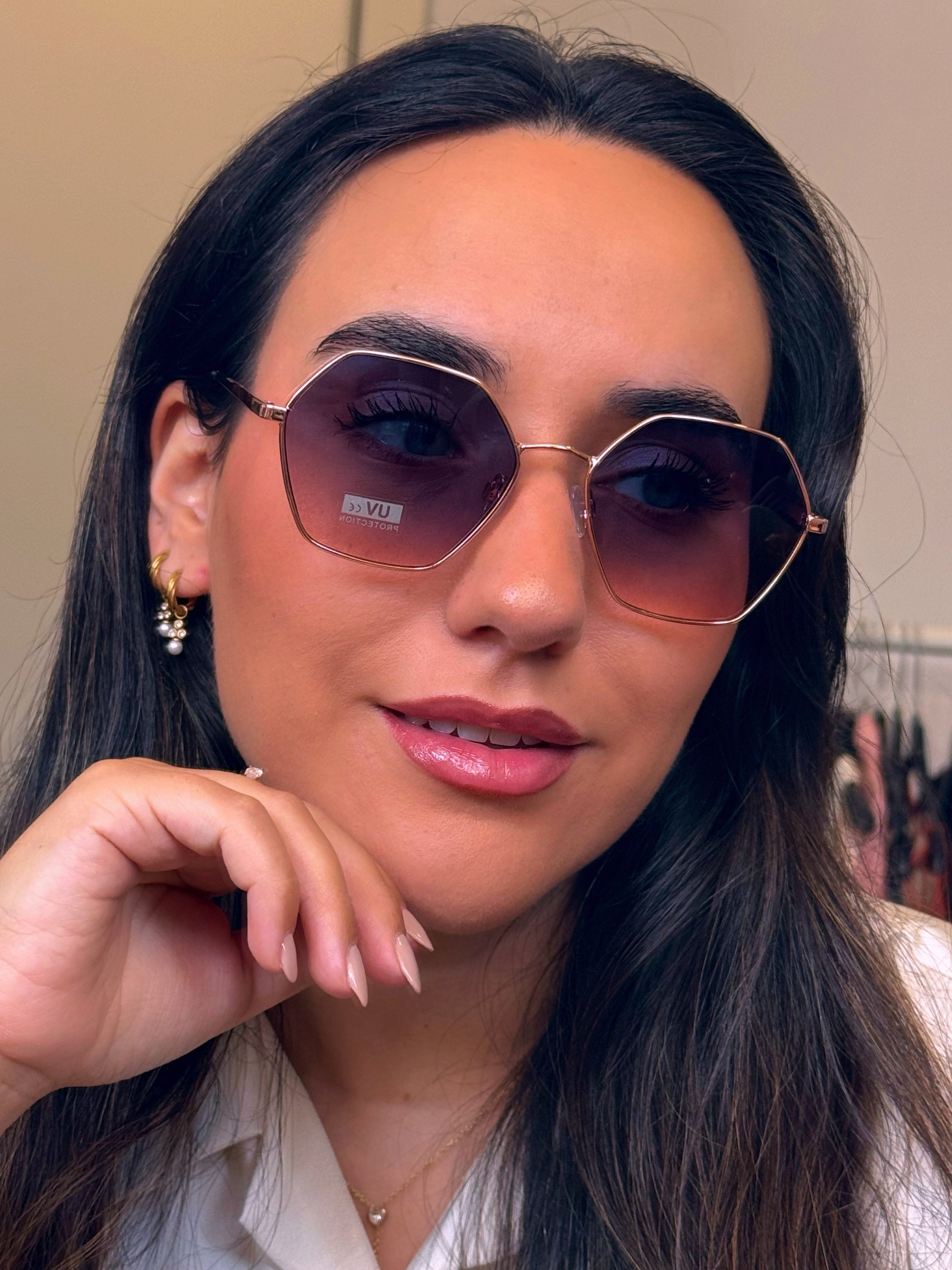 Óculos de metal hexagonais | Rose Gold com lente Azul/Rosada