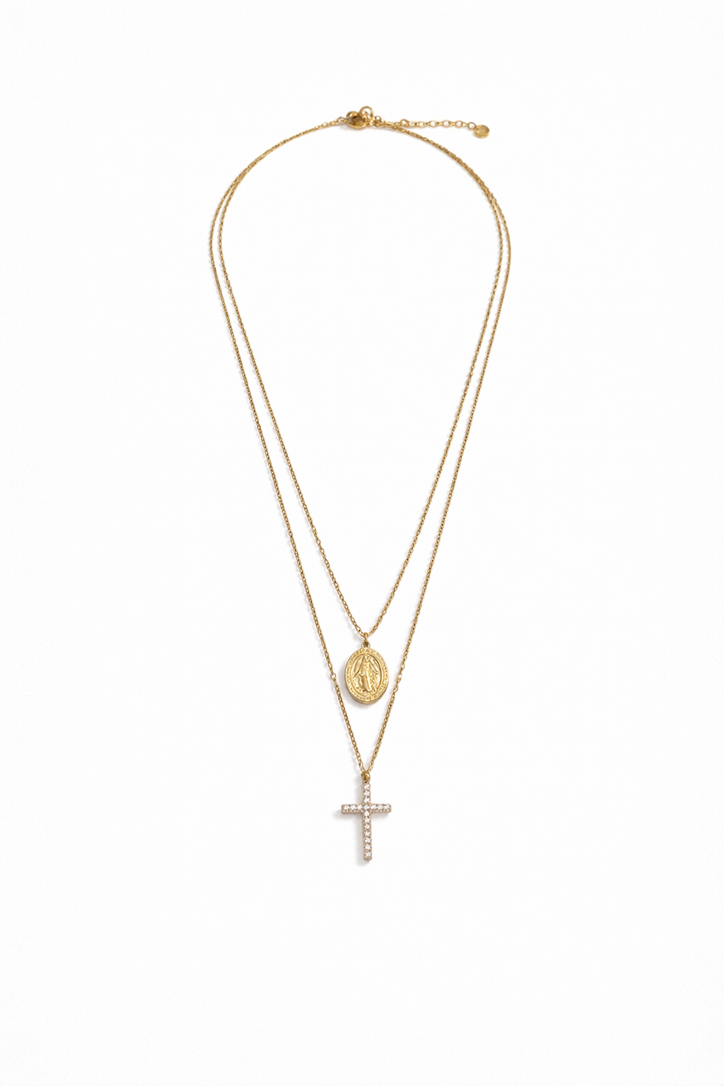 Colar duplo • medalha Nª Senhora e cruz de brilhantes | Dourado