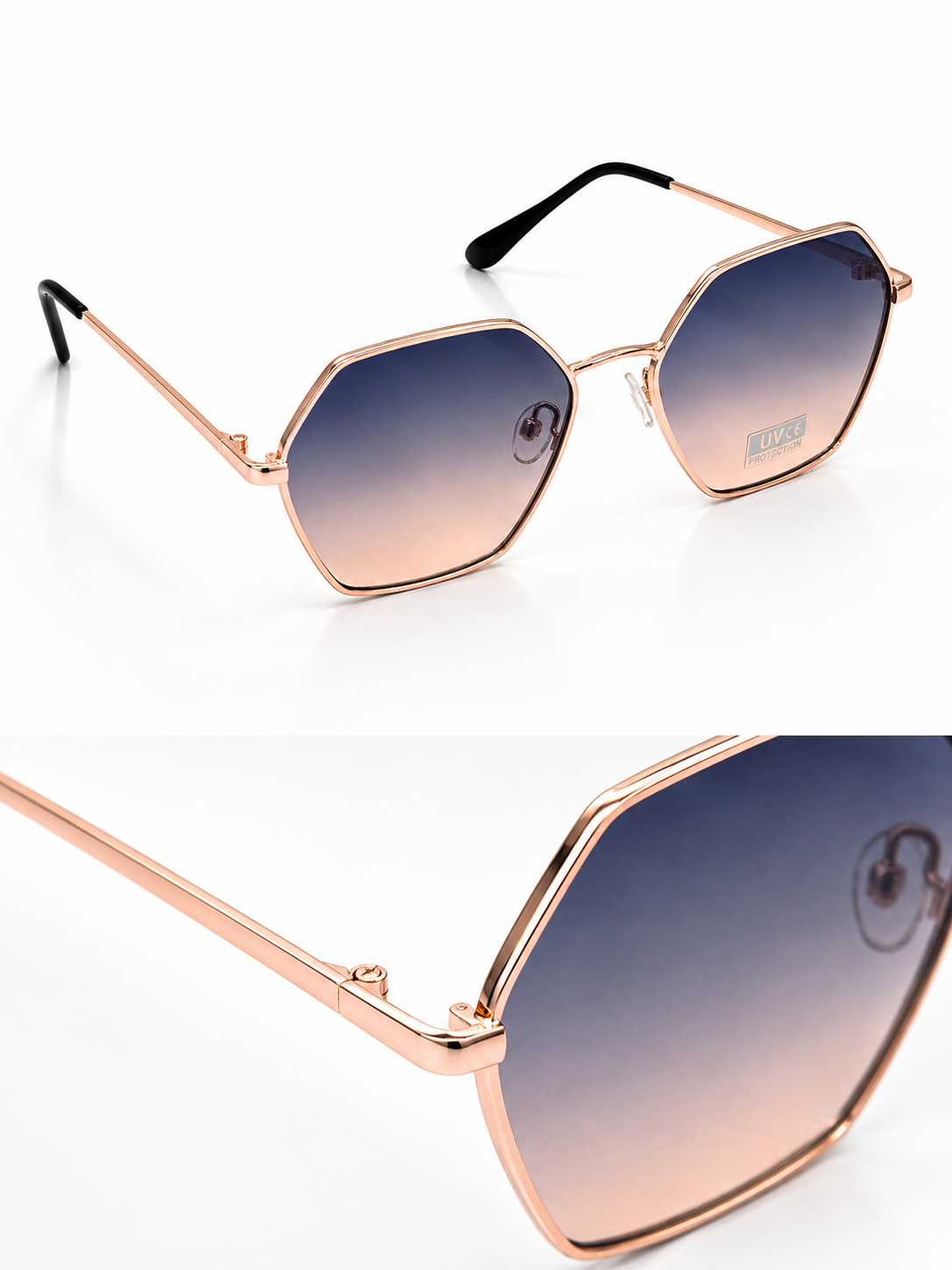 Óculos de metal hexagonais | Rose Gold com lente Azul/Rosada