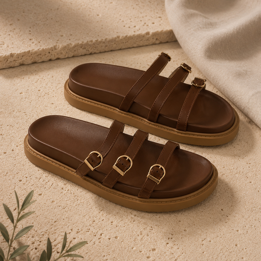Chinelo com três tiras ajustáveis | Castanho