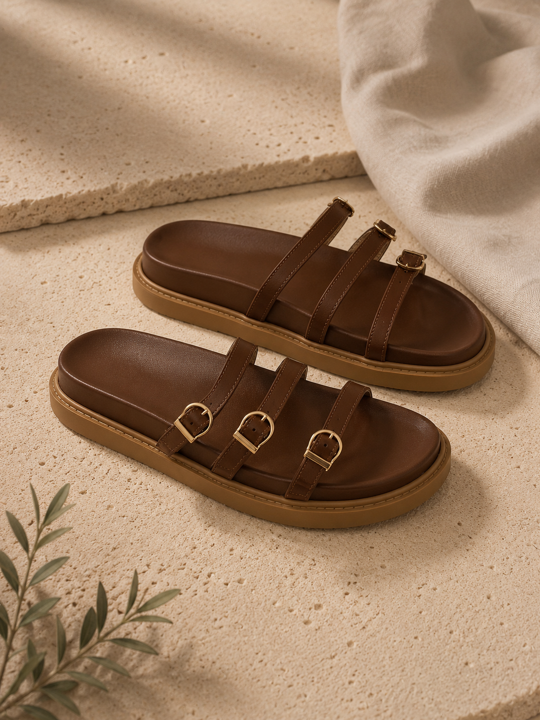 Chinelo com três tiras ajustáveis | Castanho