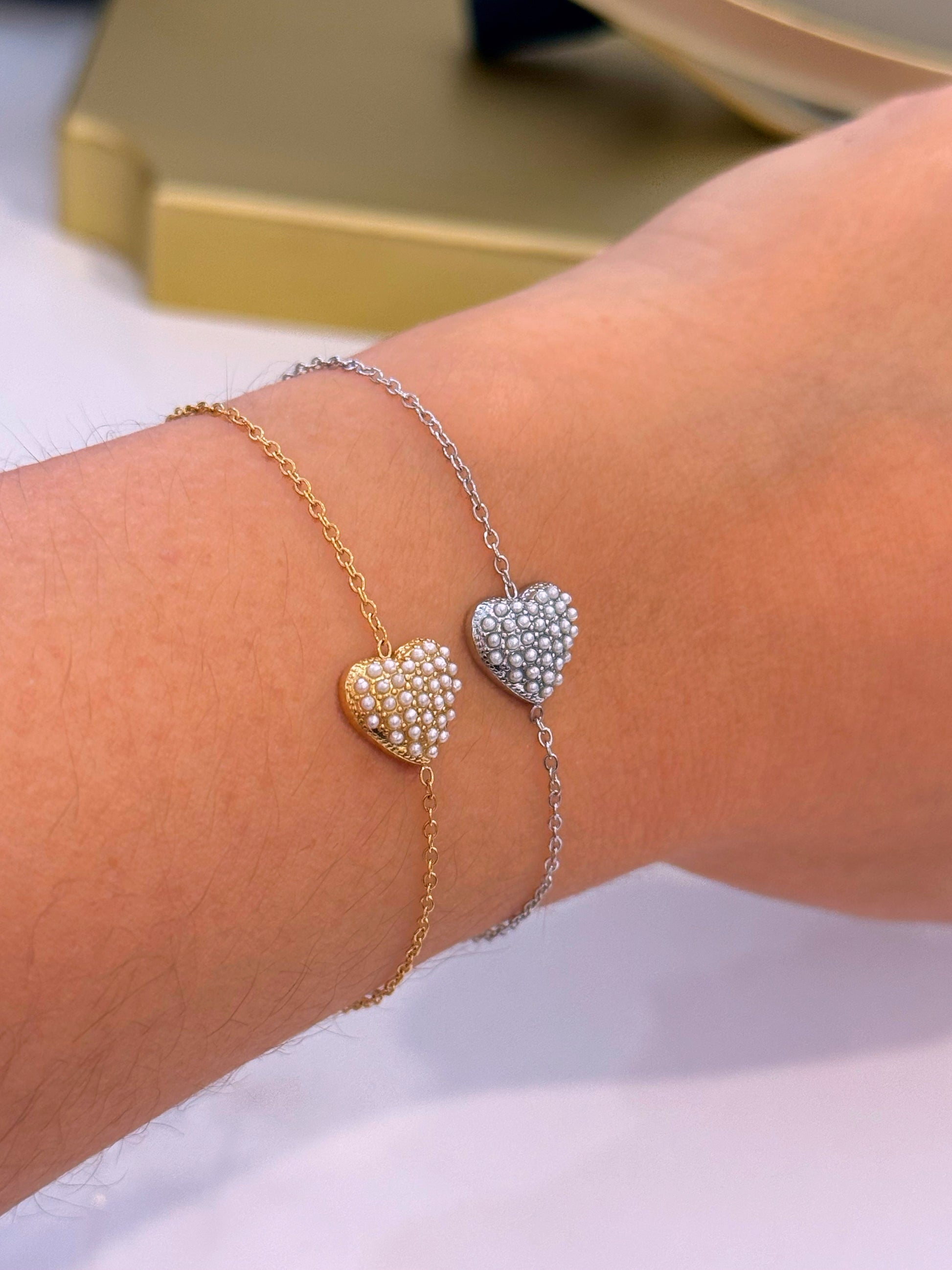 Pulseira delicada • coração preenchido com pérolas | 2 Cores