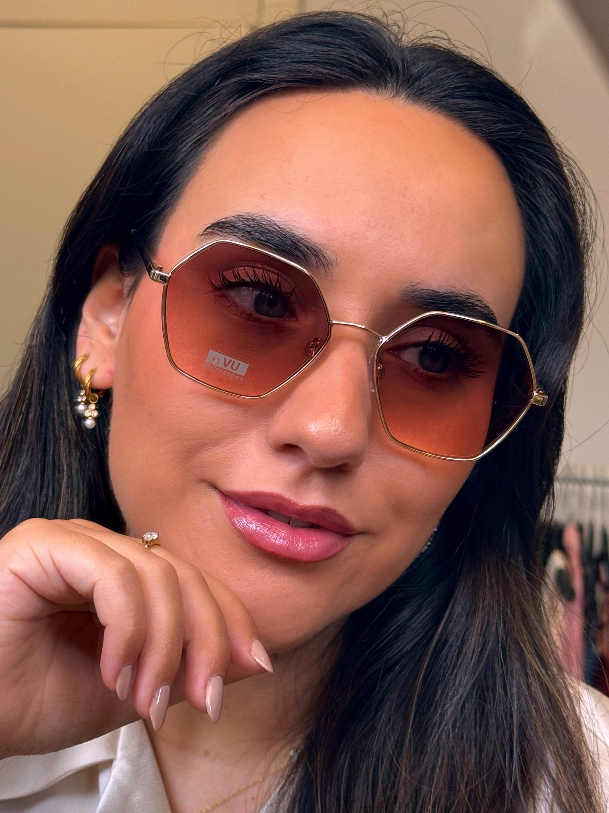 Óculos de metal hexagonais | Dourado com lente Rosa acastanhada
