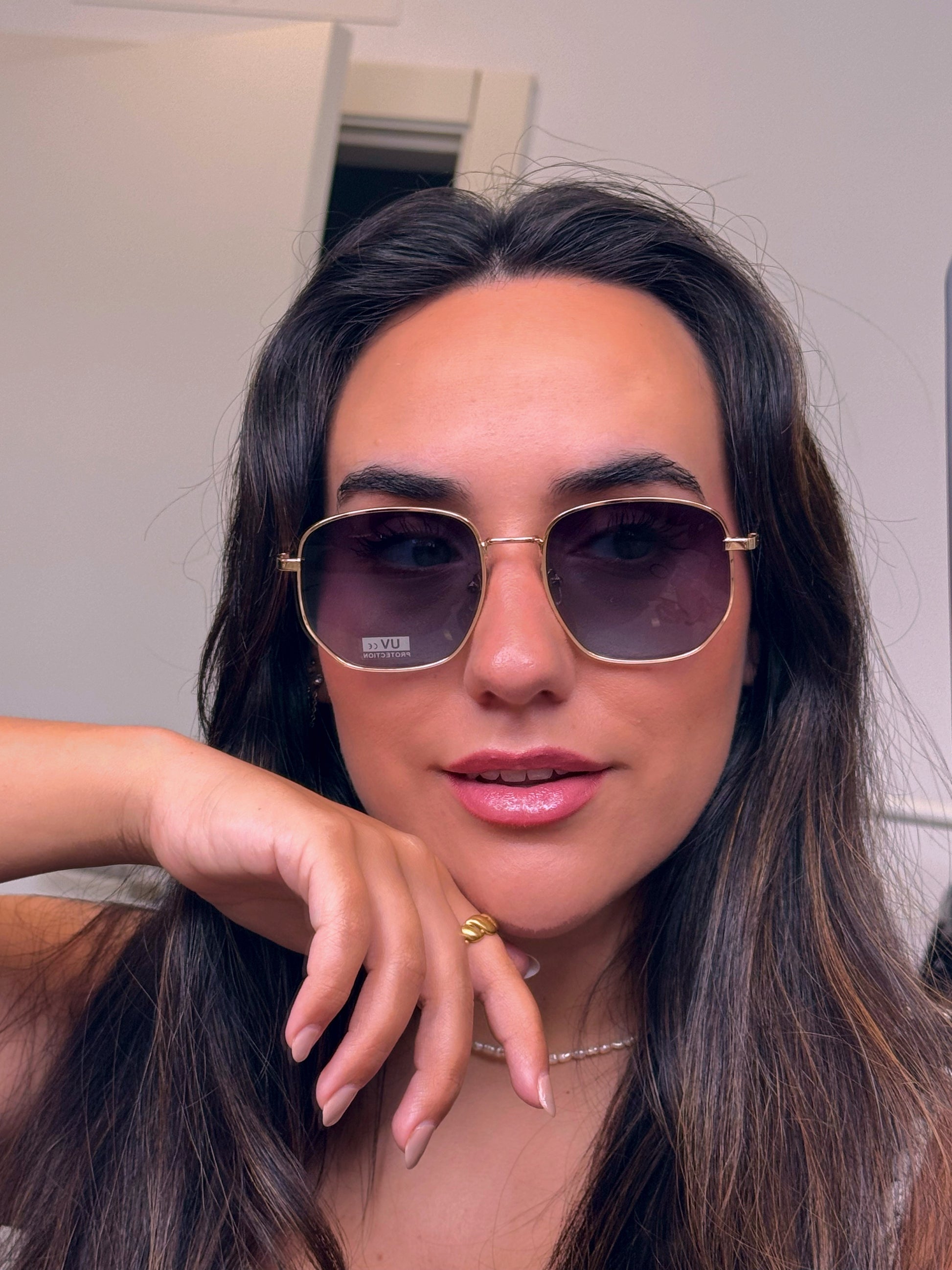 Óculos hexagonais com armação de metal | Dourado com lente azul