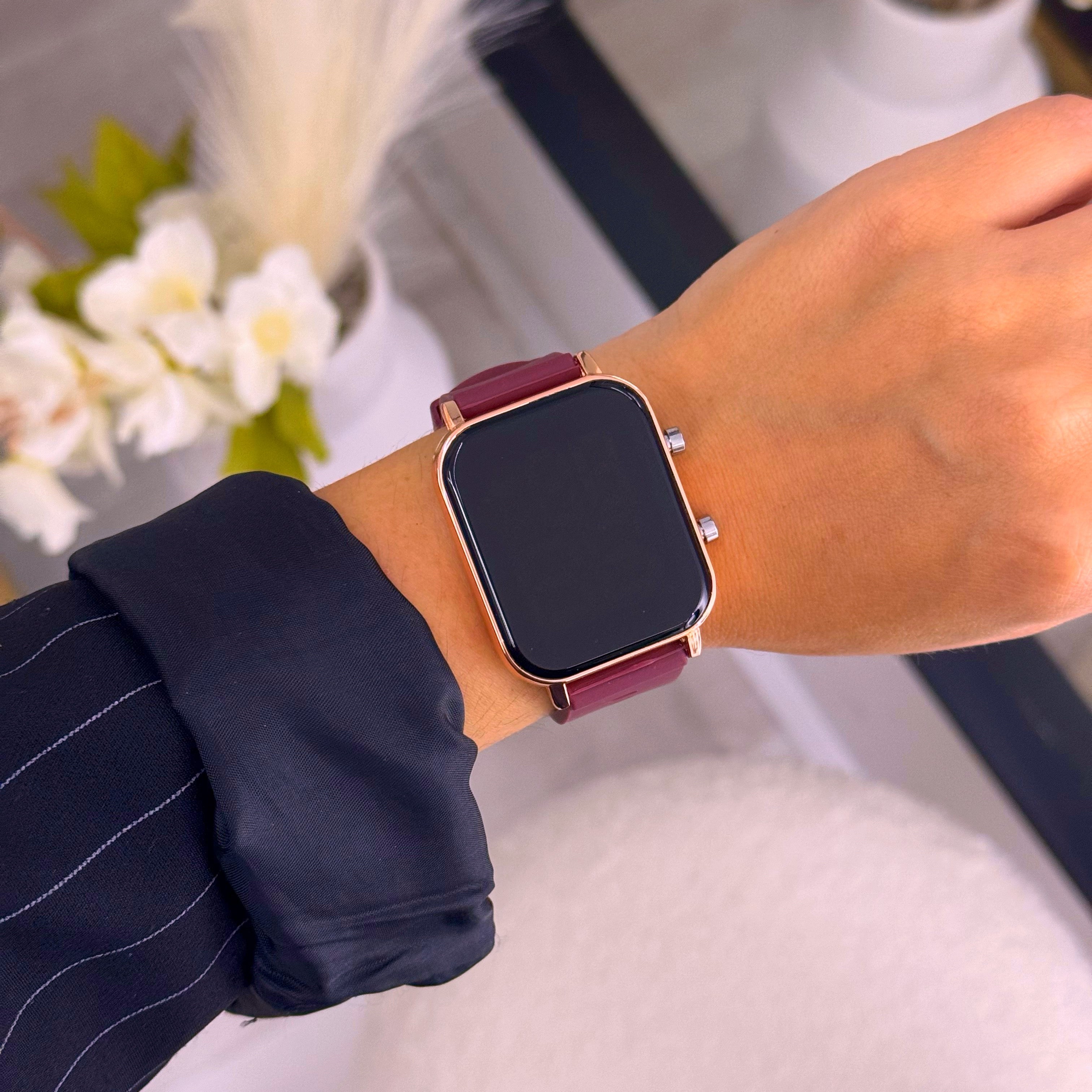Relógio digital retangular com bracelete silicone | Bordô