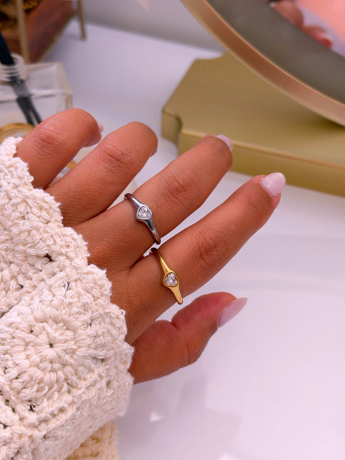 Anel ajustável liso com coração em brilhante | 2 Cores