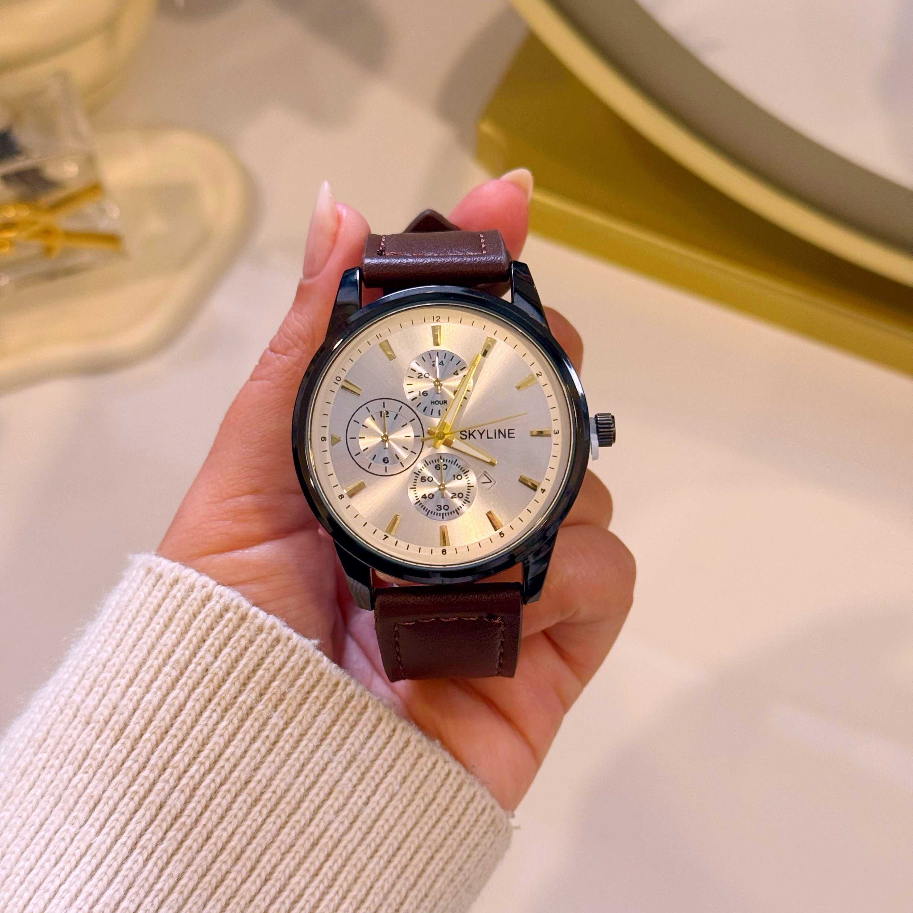 Relógio Analógico em pele | Castanho com mostrador preto