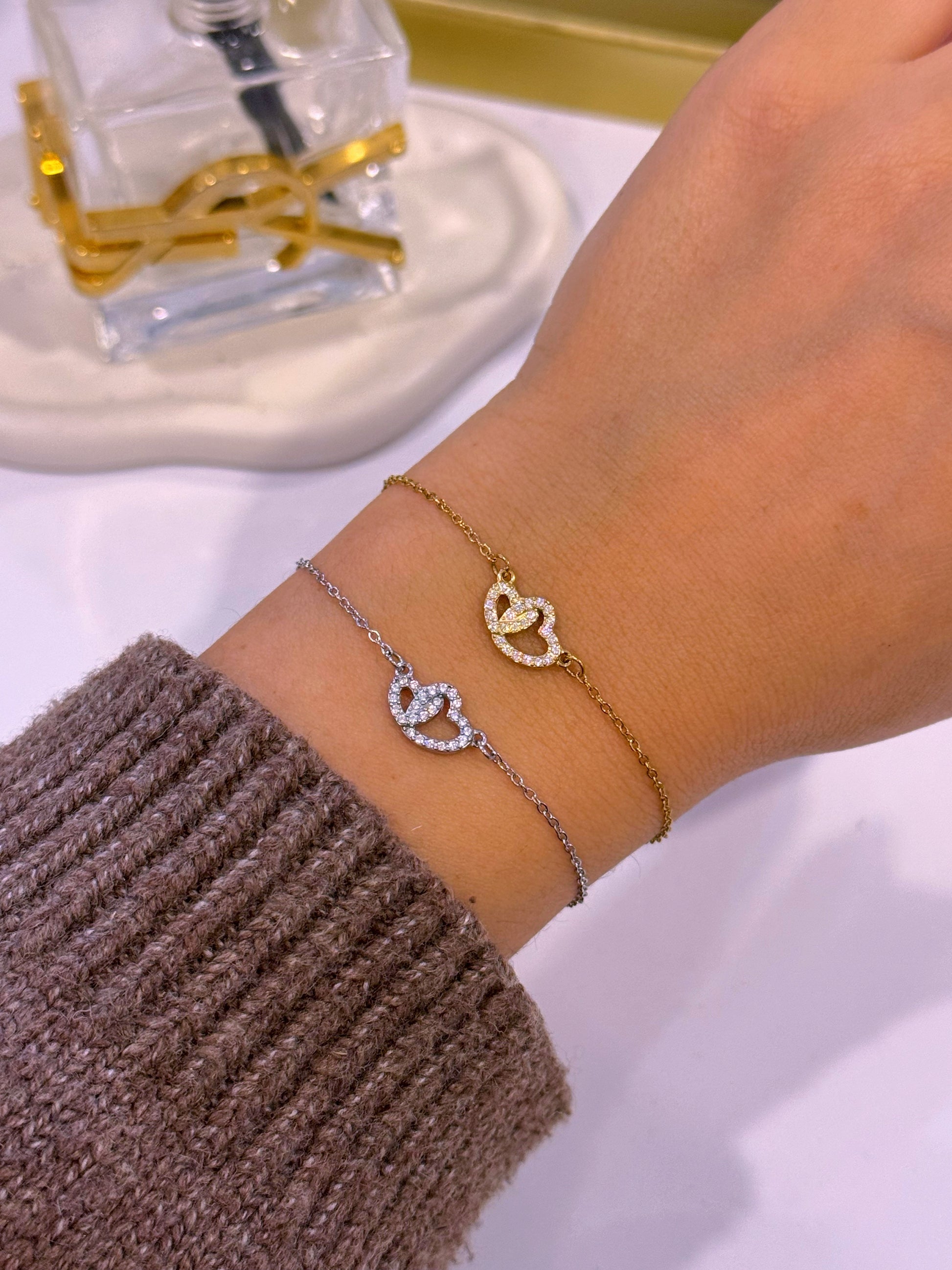 Pulseira duplo coração com brilhantes | 2 Cores